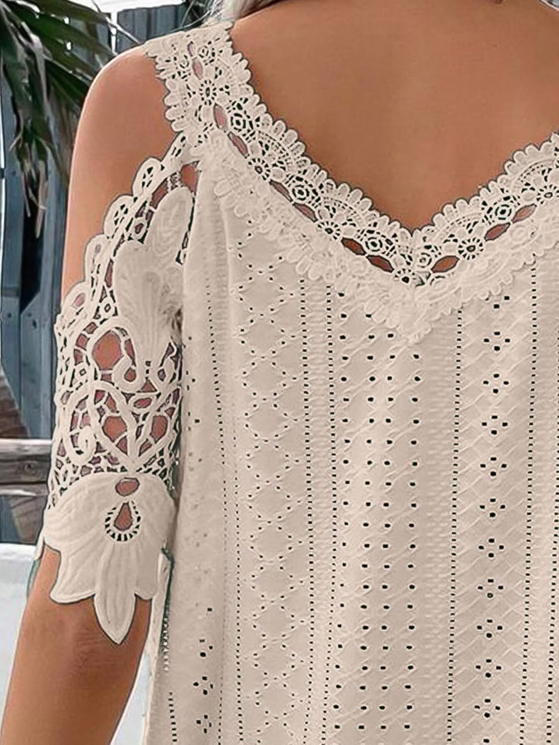 Flamingals Women's Cold Shoulder Eyelet Short Sleeve Hollow Out Lace Floral Sleeveless Blouse Top Large