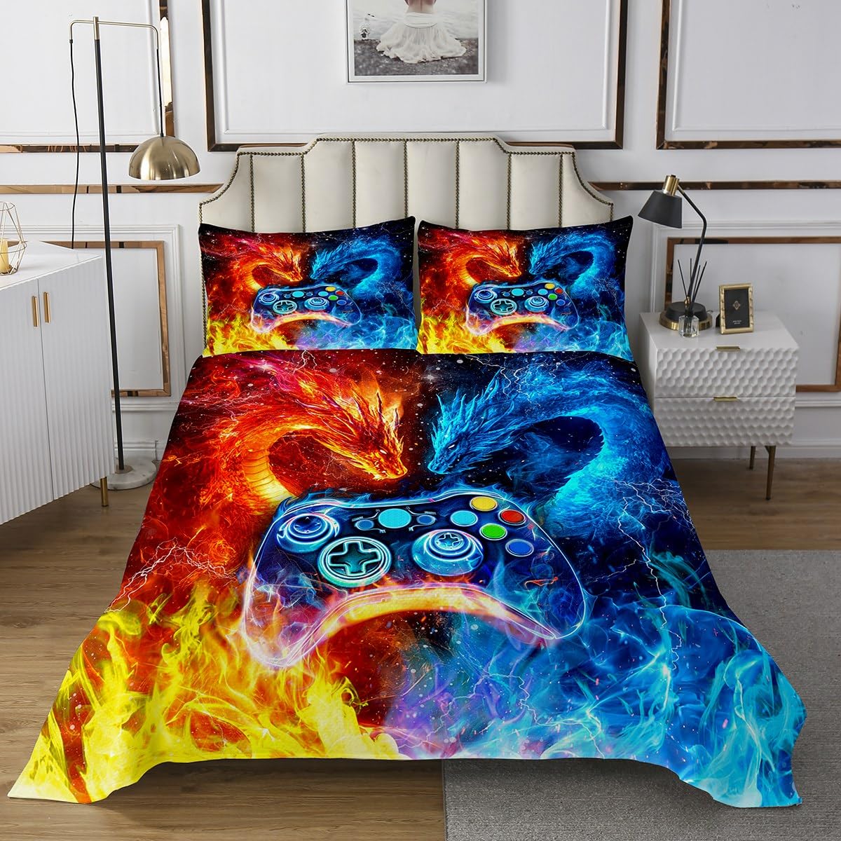 Feelyou Dragon Gaming Bedspread King Size, Kids Gamer Coverlet Set Gamepad Quilted Coverlet Ice Fire Dragon Quilted 3Pcs