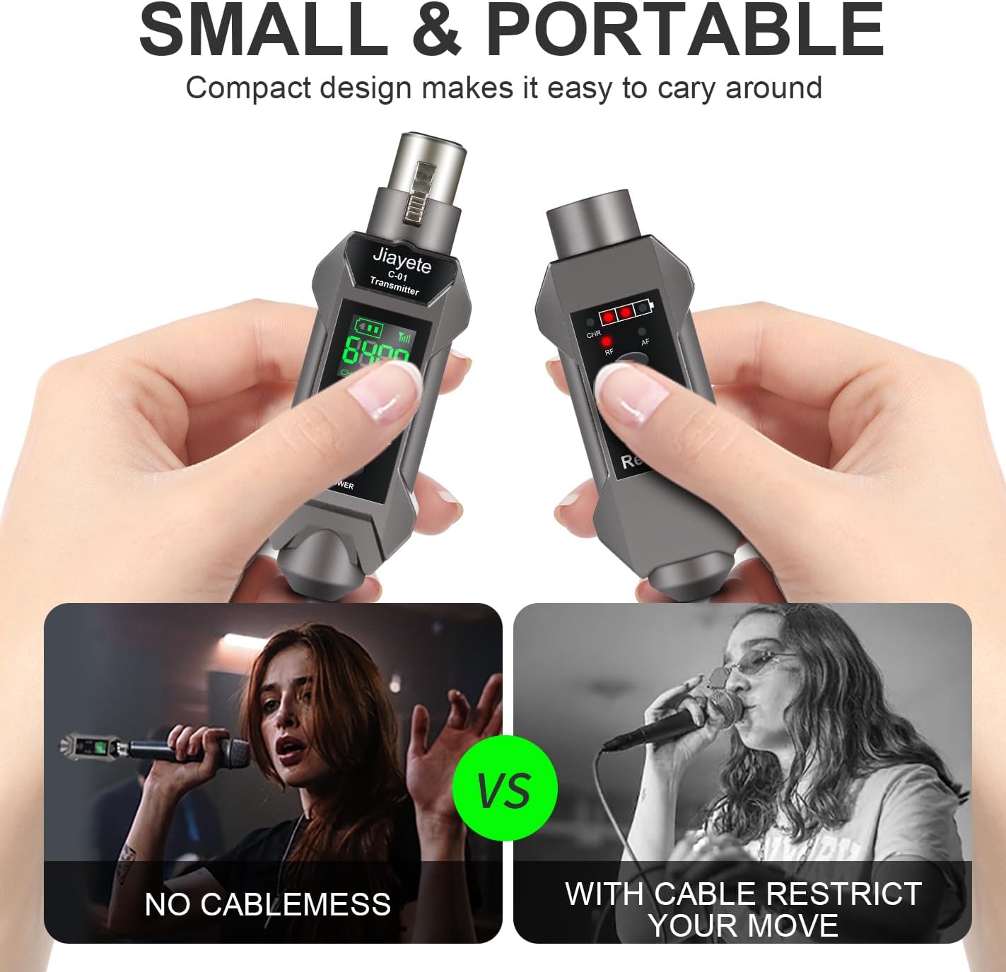 UHF Wireless XLR Transmitter & Receiver, Dynamic Microphone Adapter, 8 Hours Use Time, 16 Channels, 164 Feet Range, Dark Gray, Suitable for Bass, Guitar, Audio Mixer, PA System