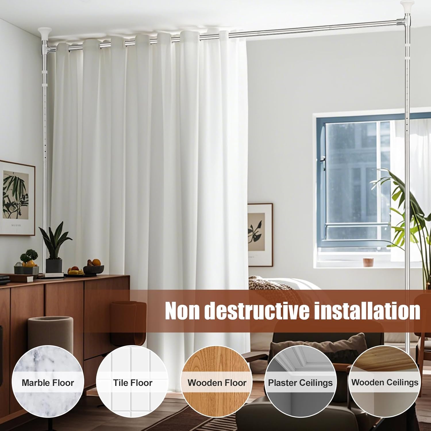 Room Divider Curtain Rod，No Drilling Curtain Rod Wall Divider for Room Separation, 4-10ft (H) 28-70inch(W) Adjustable Floor to Ceiling Portable Hanging Room Divders Partitions Space Separator Silver