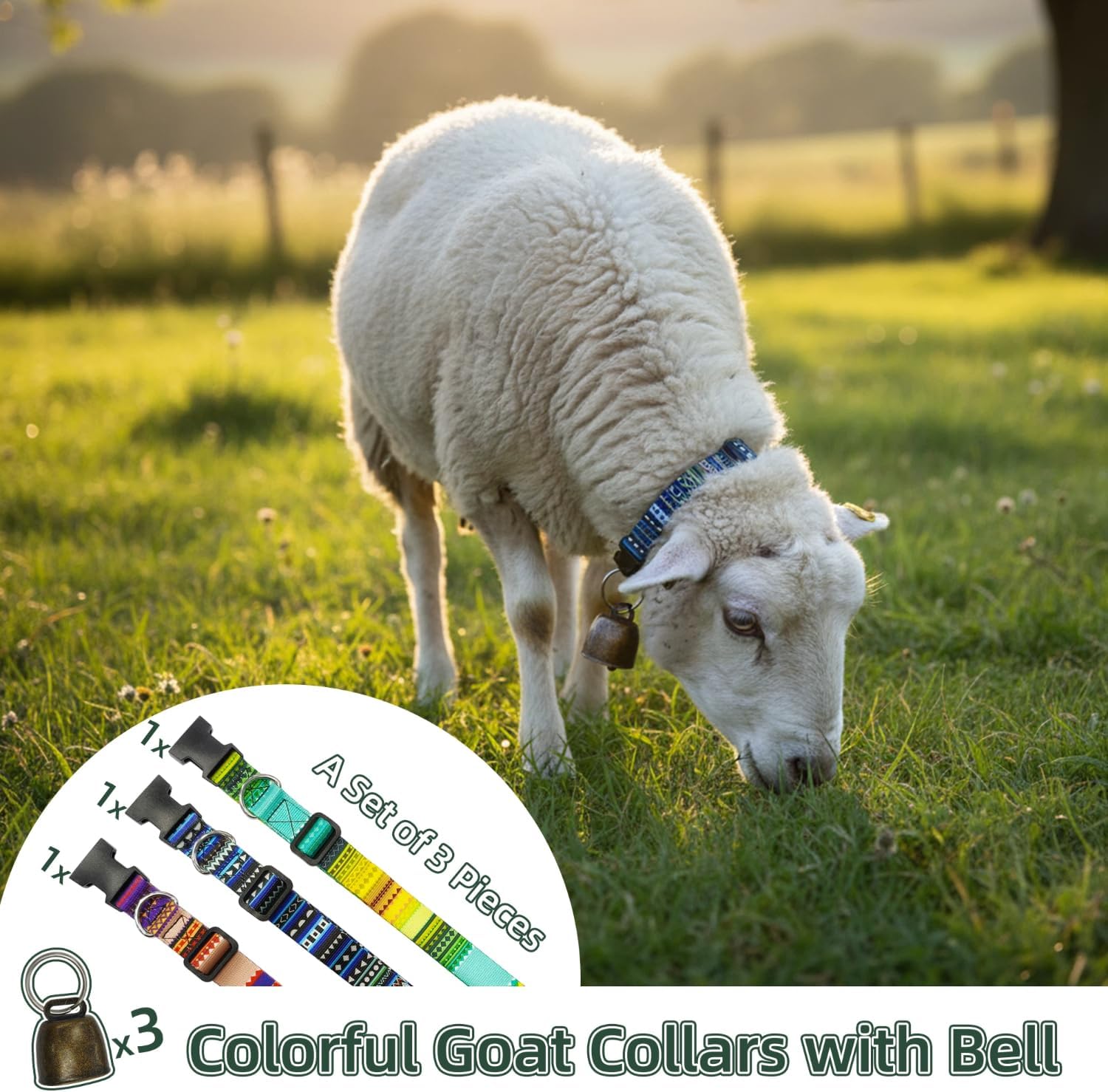Goat Collars and Bells，Durable Nylon Adjustable Collar with Quick Release Buckle & Loud Copper Bell, Anti-Lost Grazing Collar for Farm Animals, Sheep, and Cattle Accessories