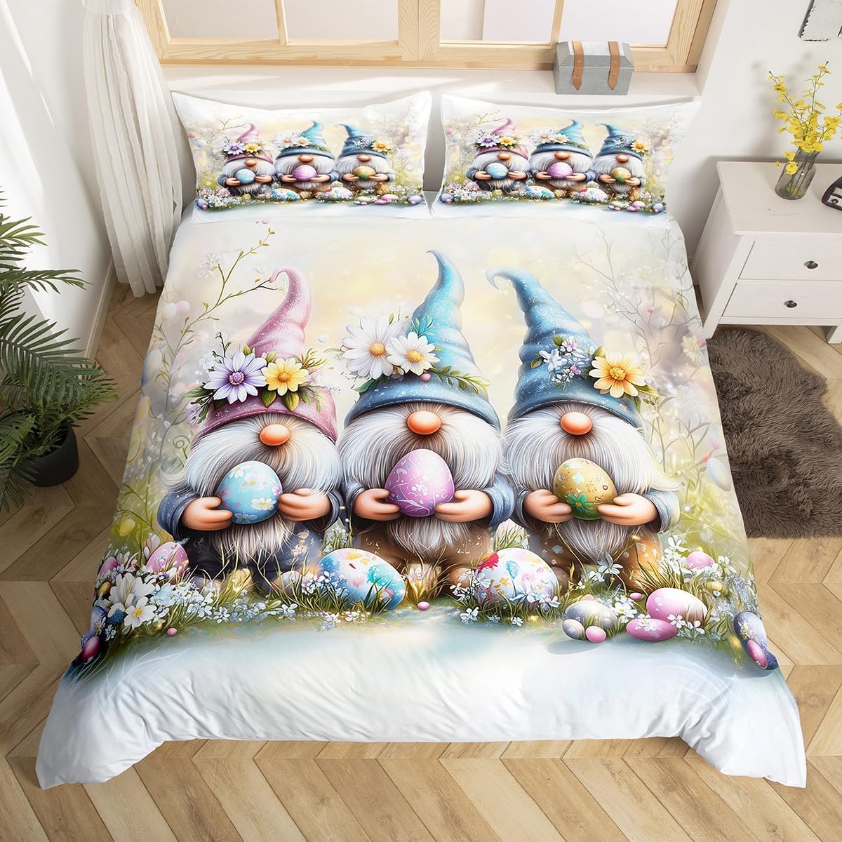 Happy Easter Duvet Cover Set Queen Size,Colorful Daisy Floral Eggs Bedding Set 3Pcs for Kids Girls Boys Teens Room Decor,Cute Gnome Comforter Cover Watercolor Spring Quilt Cover,2 Pillowcases