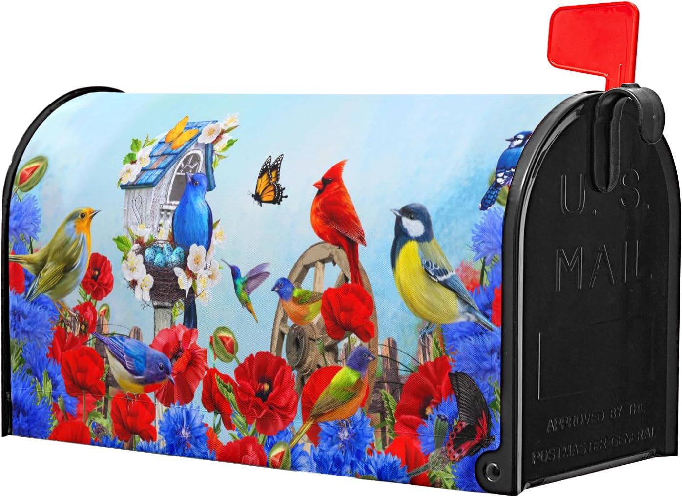 Spring Cardinal Birds Mailbox Covers Magnetic Standard Size 18" X 21",Red Blue Flowers Mailbox Wraps Post Letter Box Spring Cover for Holiday Garden Yard Decor