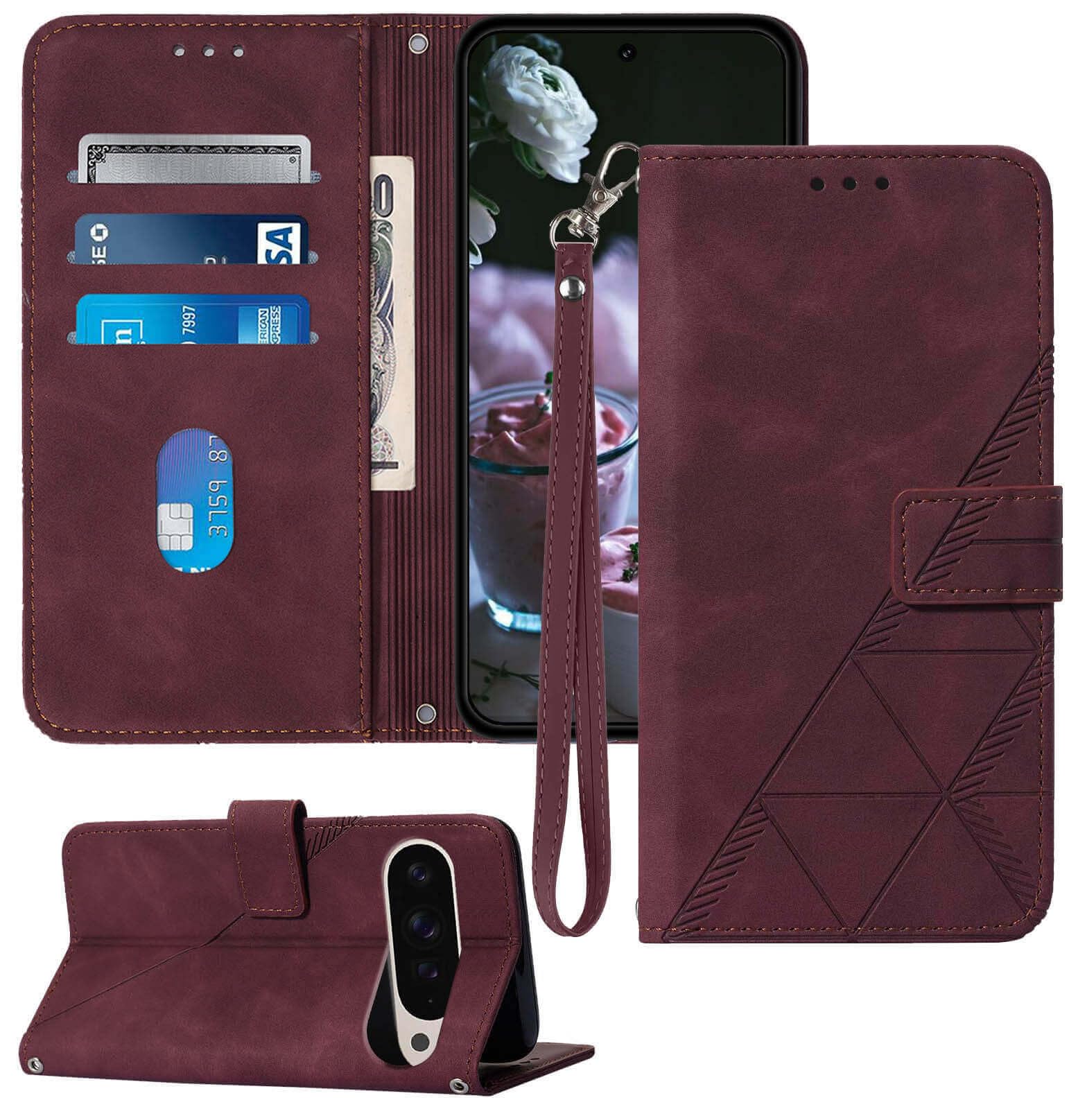 Moment Dextrad for Pixel 9 Pro XL Case Wallet, Card Holder Slots Wrist Strap, Stand Leather Phone Protective Flip Cases Cover (Red)