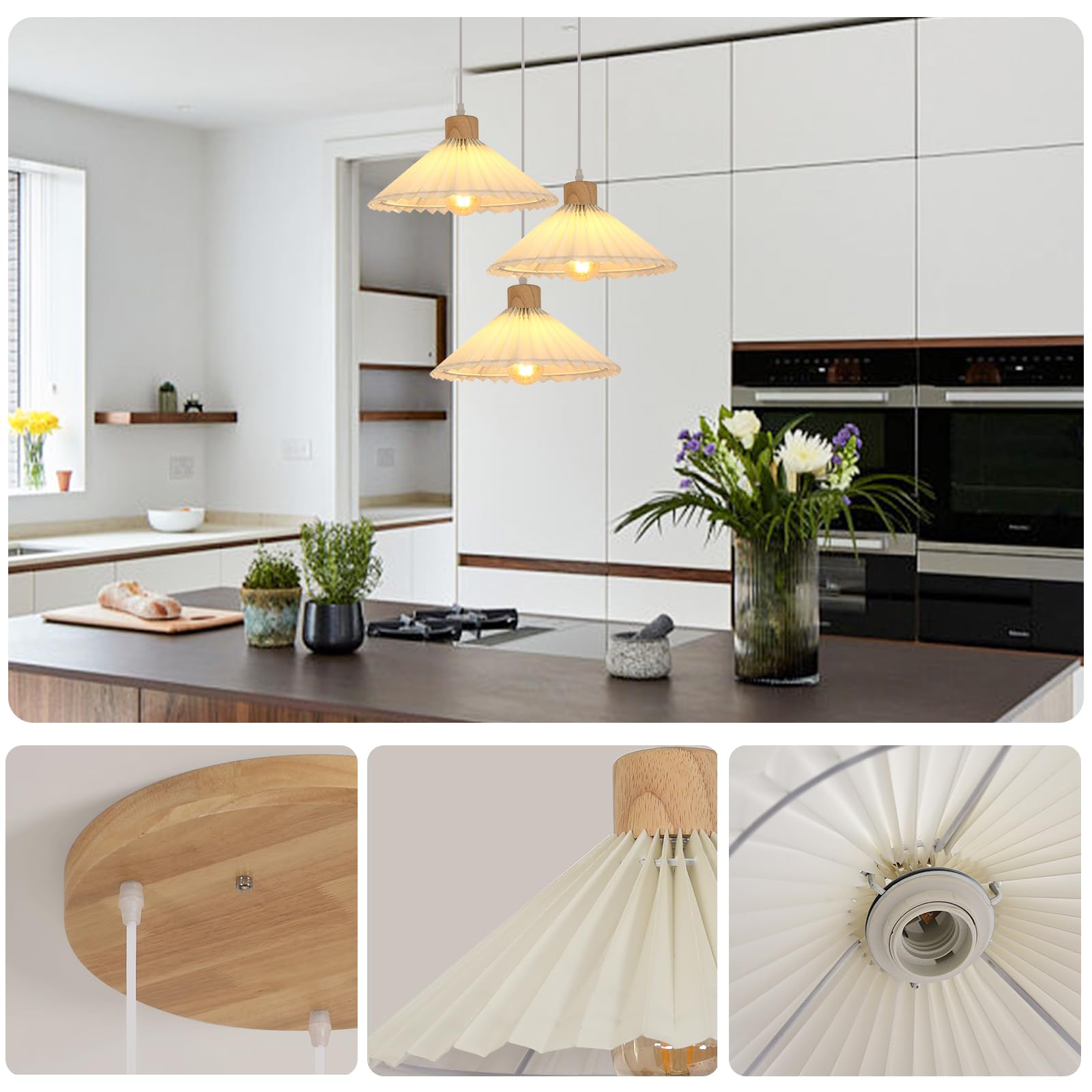 Goeco Lampada a Sospensione 3 Luci, Vintage Lampadario in Legno, Lampada a Sospensione con Paralume in Tessuto per Cucina, Soggiorno e Tavolo da Pranzo