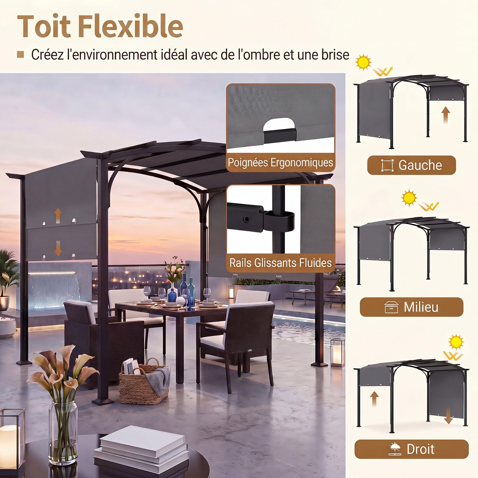 RELAX4LIFE Pergola Toit Rétractable, 3x2,5M Pergola Jardin Extérieur Coulissante, Cadre Métallique Renforcé, Polyester Imperméable, Abri Solaire, Tonnelle de Jardin pour Terrasse Piscine (Gris)