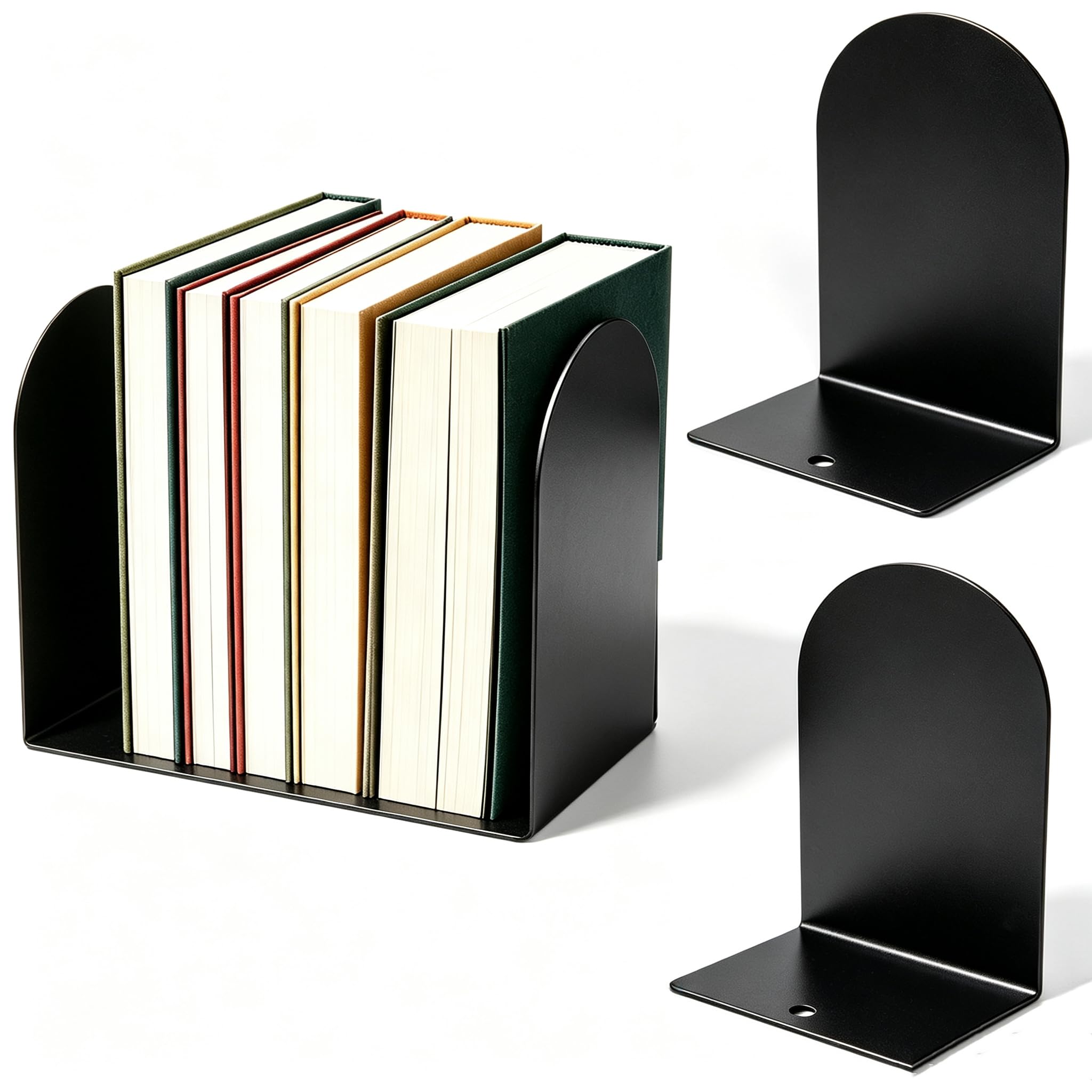 Lulonpon 2pcs Book Ends, Black Bookends, Non-Skid Book End, Metal Bookends for School Library and Desktop Organizer, Acrylic Book Ends for Book Shelves (4, Black)