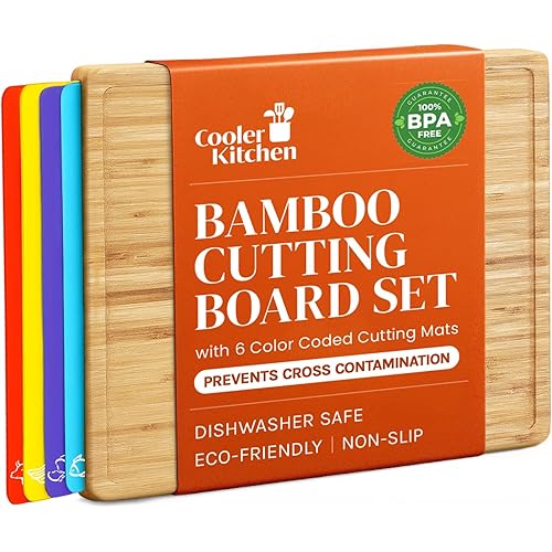 Cutting Boards for Kitchen – Bamboo Cutting Board Set with 6 Color-Coded Flexible Chopping Mats, Easy Clean Wood and Dishwasher-Safe Plastic, Large 17×12, Knife-Friendly by Cooler Kitchen