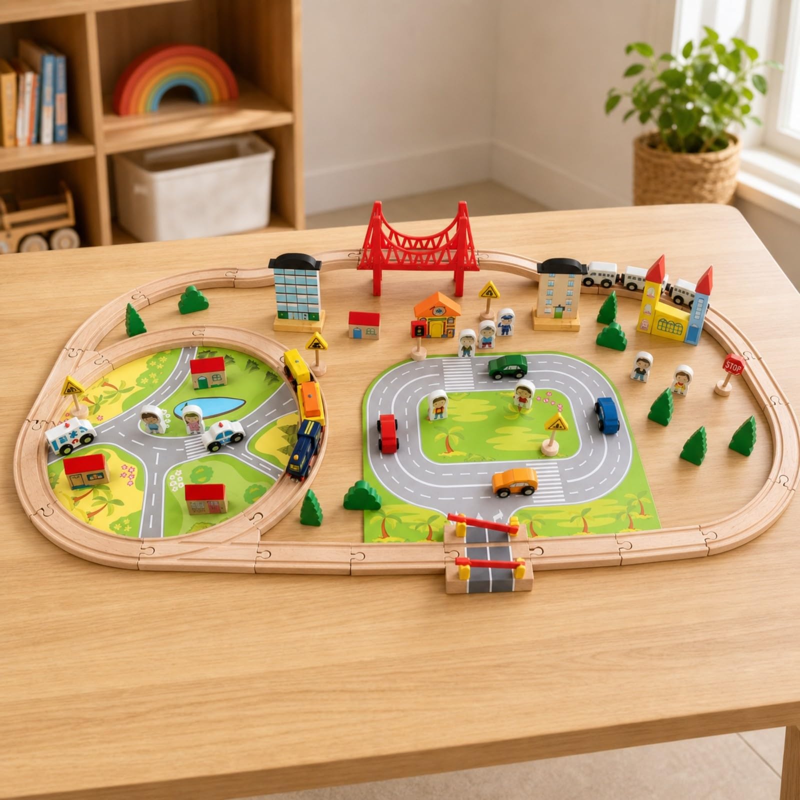 Circuit Train en Bois sans Apprentissage Précoce, Circuit Ponts, Créatif, Jeu Train Miniature, pour Chambre d'enfant, École Maternelle, Enfants