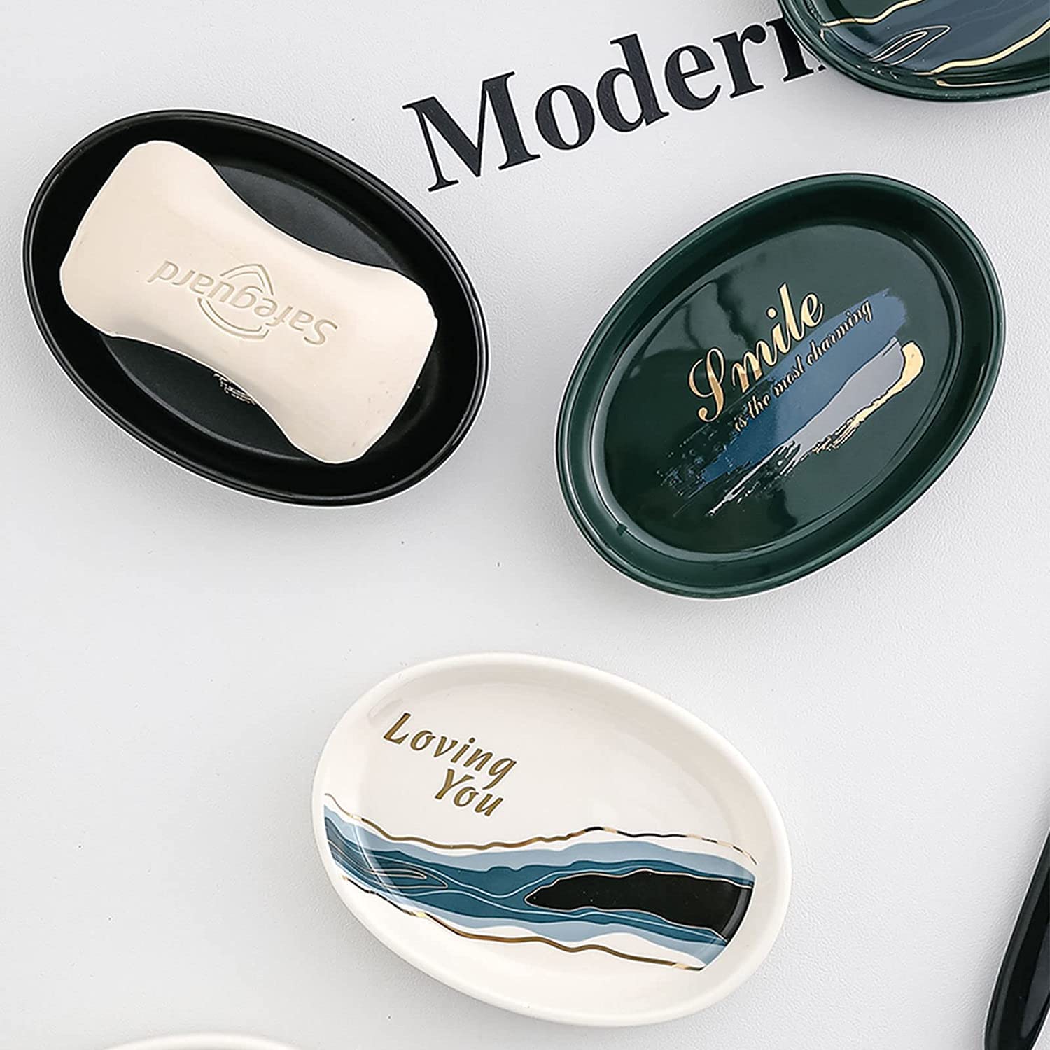 MAYABI jabonera jabonera de Ceramica Ceramics Anti-Slip Soap Dishes For Bar Soap, Oval Soap Tray-Black-Lovingyou (Color : Svart, Size : Lovingyou)