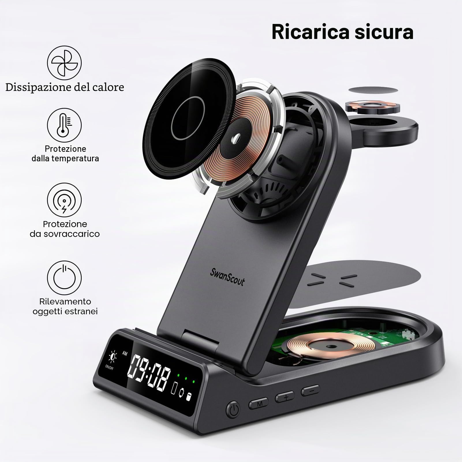 SwanScout Mag-Safe Caricatore Wireless Pieghevole, 4 in 1 Stazione di Ricarica per iPhone Air/17/16/15/14/13 Series, SwanScout 702M, Magnetico Caricabatterie per Apple Watch Ultra 3/11/10/9/8/7/6