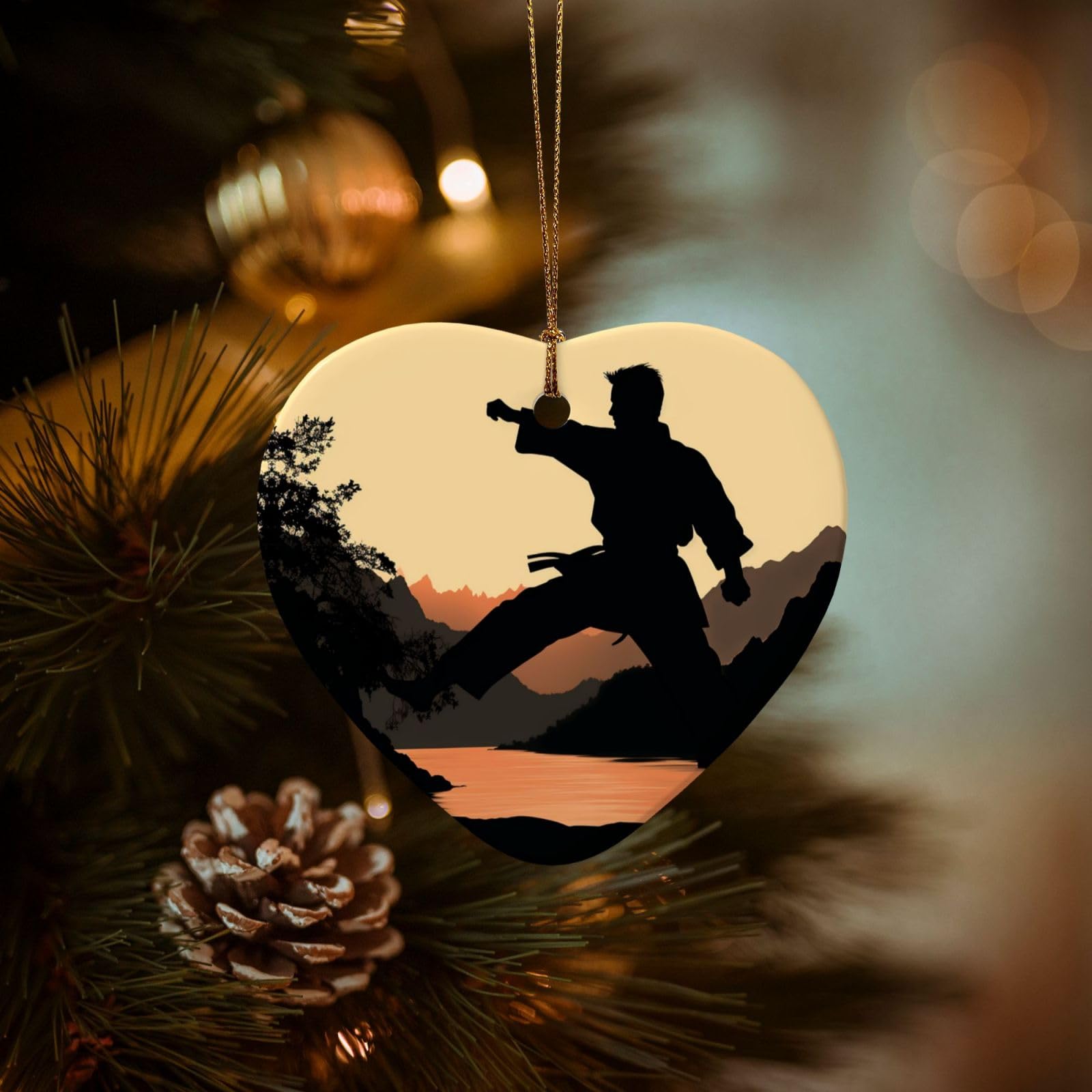 Christmas Ornaments for Christmas Tree Decoration Hanging Karate Ornament with Gold Ribbon Crafts Heart Shape Ceramic Pendant for Keepsake Gifts Xmas Decor Party Supplies