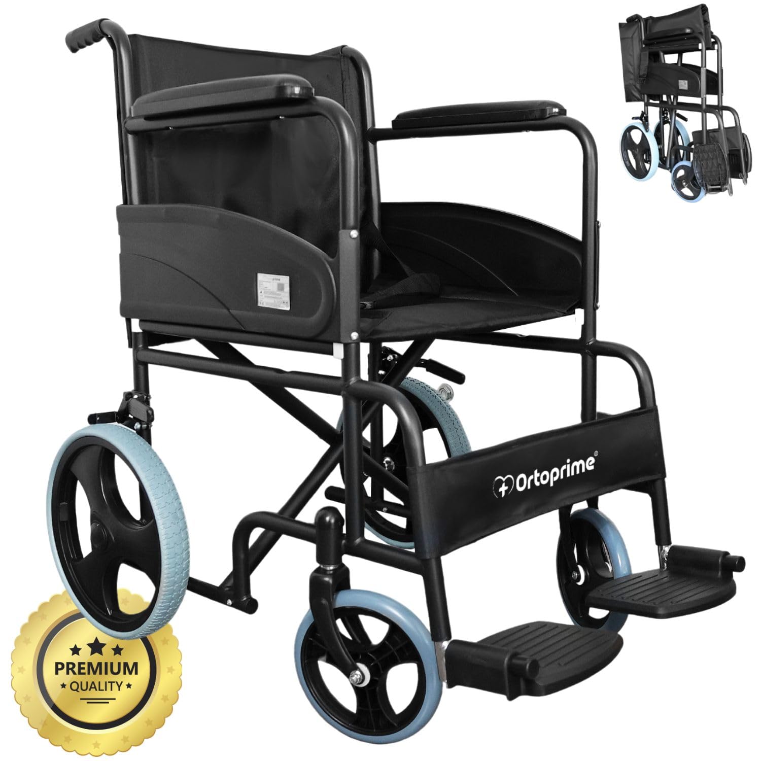 OrtoPrime Silla de Ruedas PLEGABLE Ligera - Sillas de Ruedas para Adultos Wheelchair - Silla Ruedas Plegable LIGERA - Silla Ortopédica para personas Mayores - Silla ruedas ancianos - Marca Española