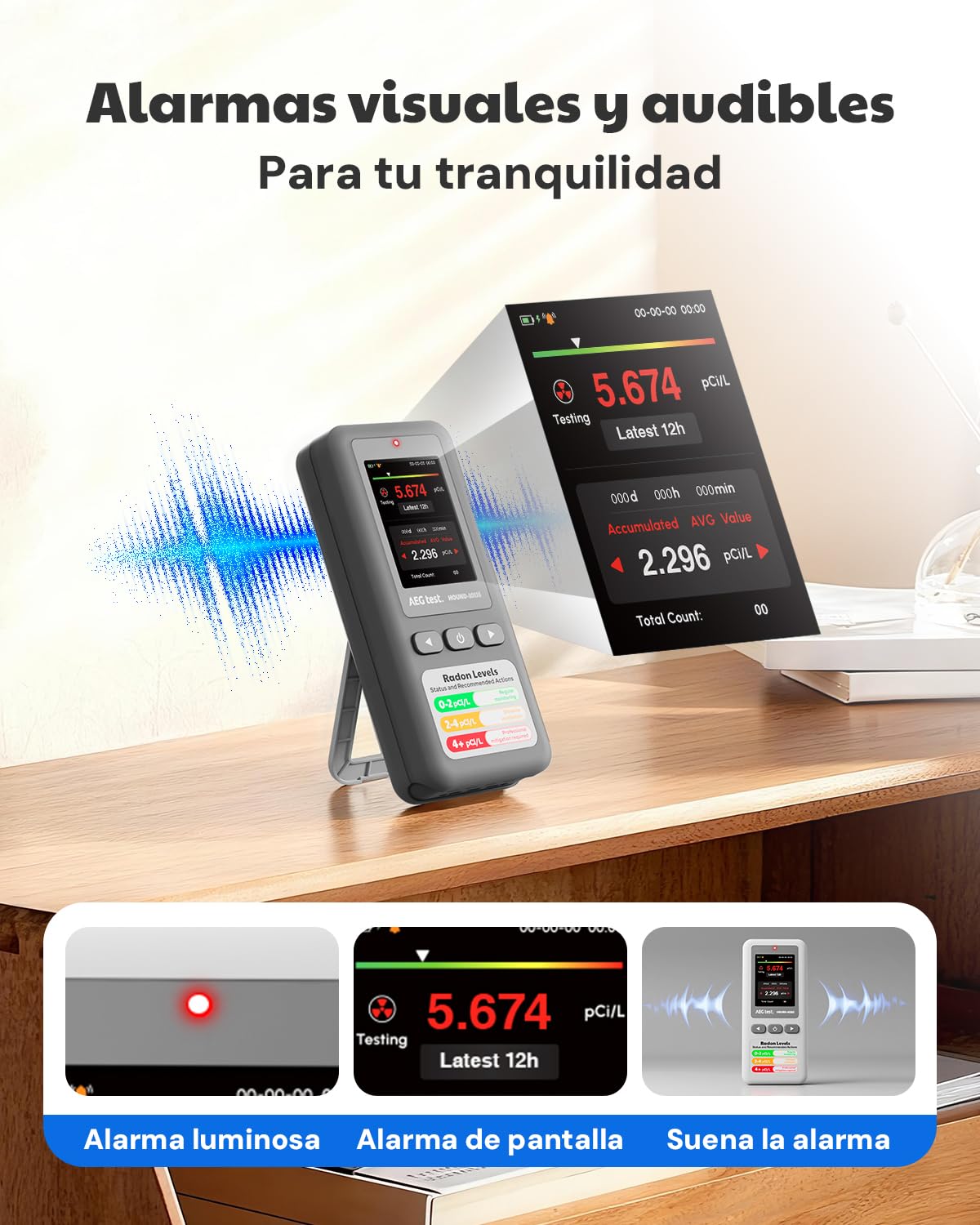 HOUND-1011S Detector de radón portátil, Sensor de Alta precisión para el hogar, Ligero, Alarmas sonoras y visuales, Monitoreo a Largo Plazo, Probador de radón fácil de Usar en pCi/L o Bq/m³