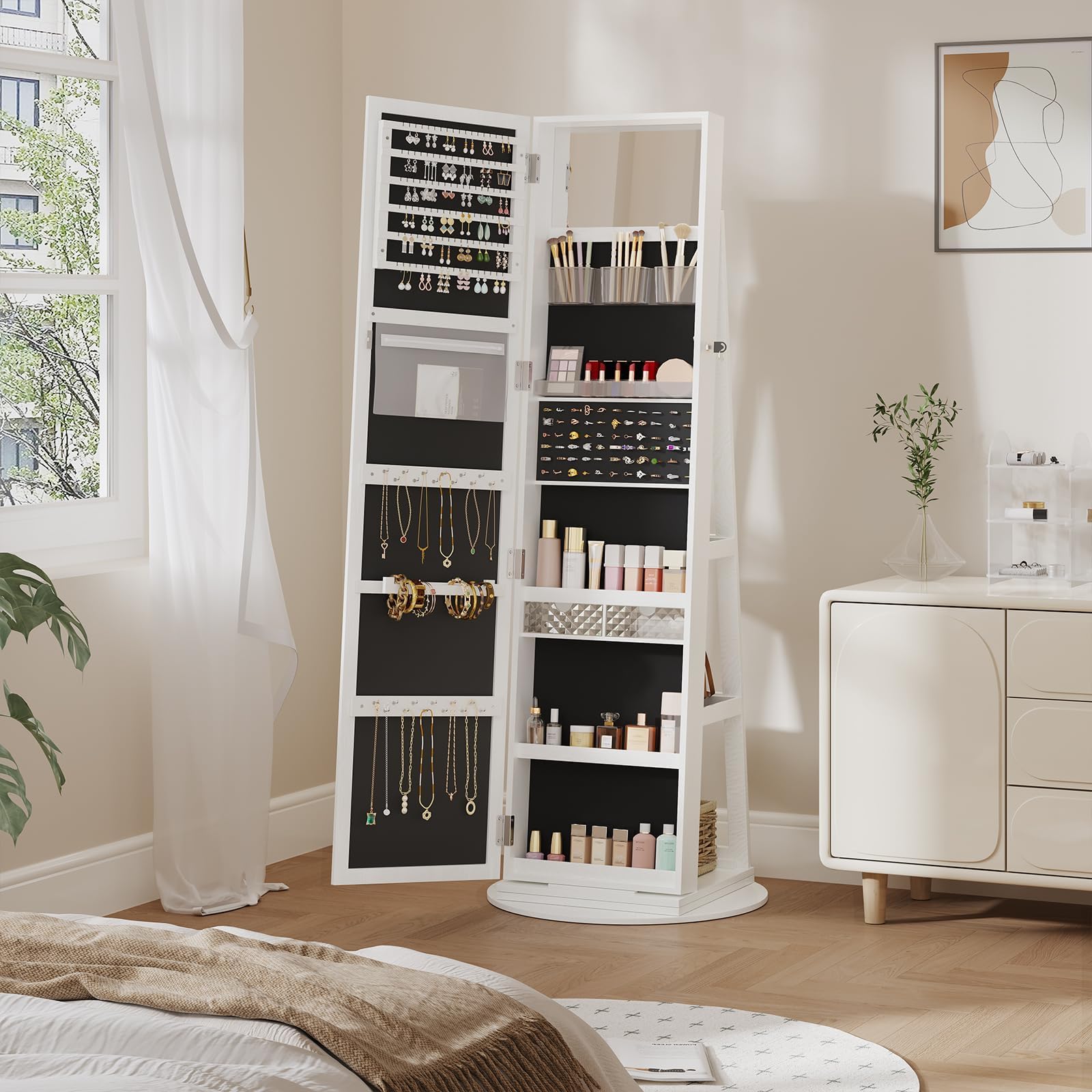 Dripex Armadietto per gioielli con specchio, specchio in piedi, con specchio e specchio interno, organizer per gioielli con ripiani 3 in 1, girevole a 360°, richiudibile, bianco