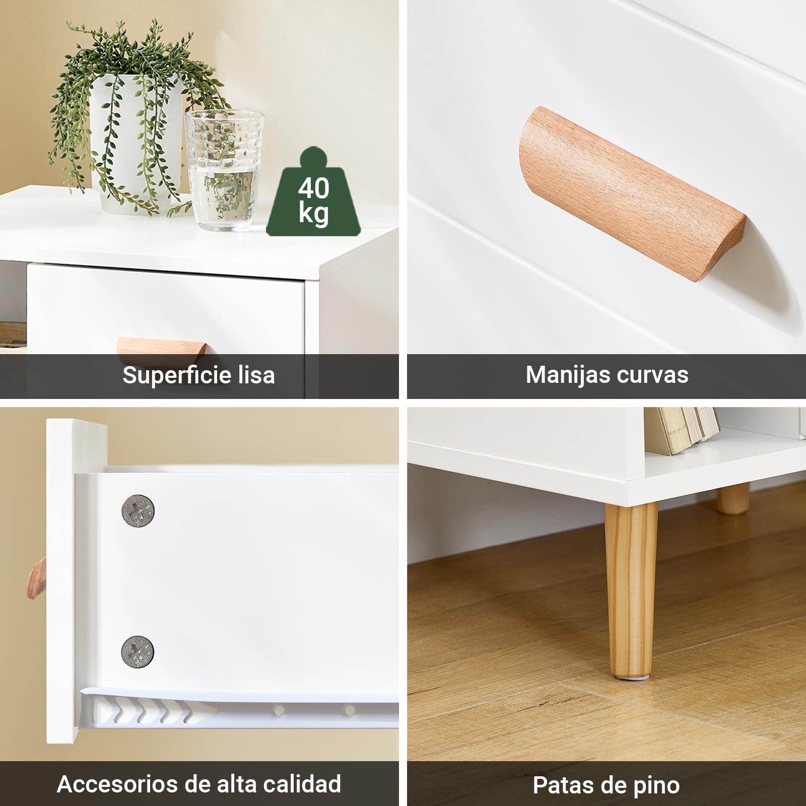 SoBuy Mesita de Noche con 3 Cajones y 2 Estantes 48x40x60cm | Mesa auxiliar moderna con almacenamiento para dormitorio, blanco FBT95-W