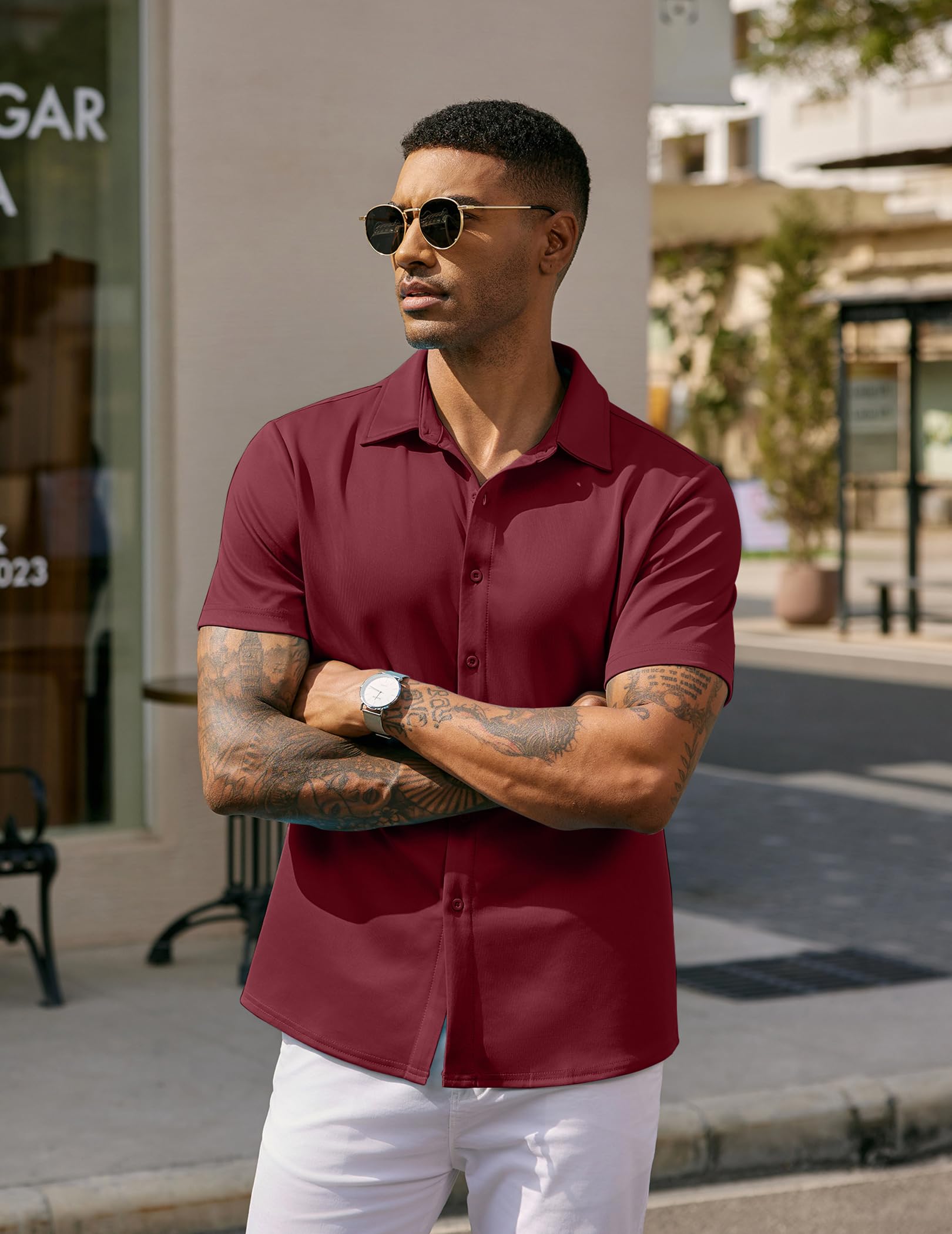 Coofandy Chemise décontractée sans Plis à Manches Courtes pour Homme - Chemise d'été Extensible