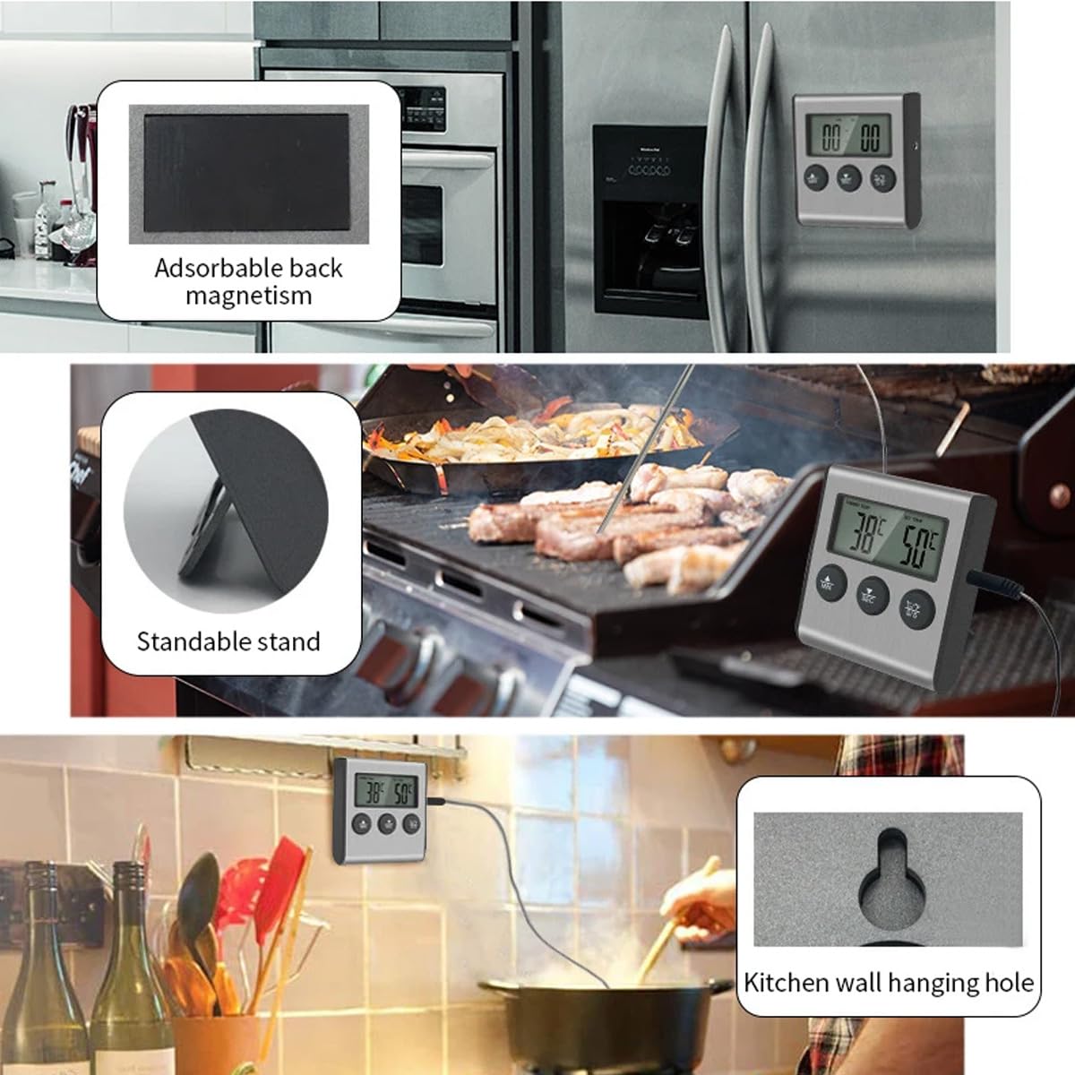 Grand thermomètre numérique LCD pour cuisson des aliments et de la viande avec sonde en acier inoxydable, fumoir, four, barbecue