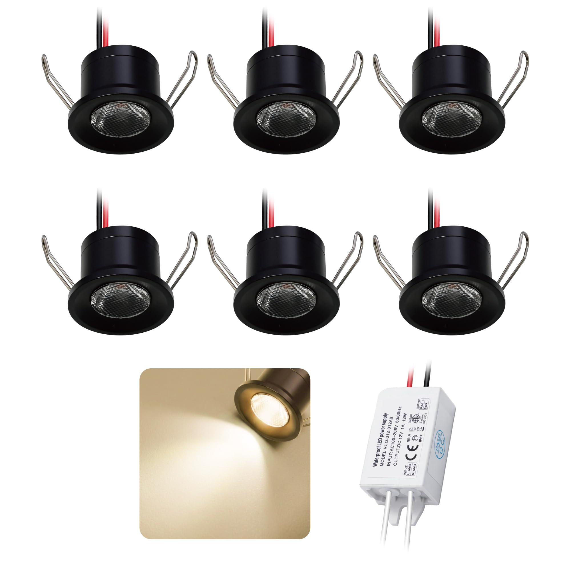 Mini Faretto LED 2W 6pz DC 12V, IP65 Impermeabile Piccolo Faretto da Incasso Soffitto, 25mm Illuminazione Fai-da-Te per Mobili Quadri Pareti Cucina Scale Vetrine Corridoi (Nero Caldo)