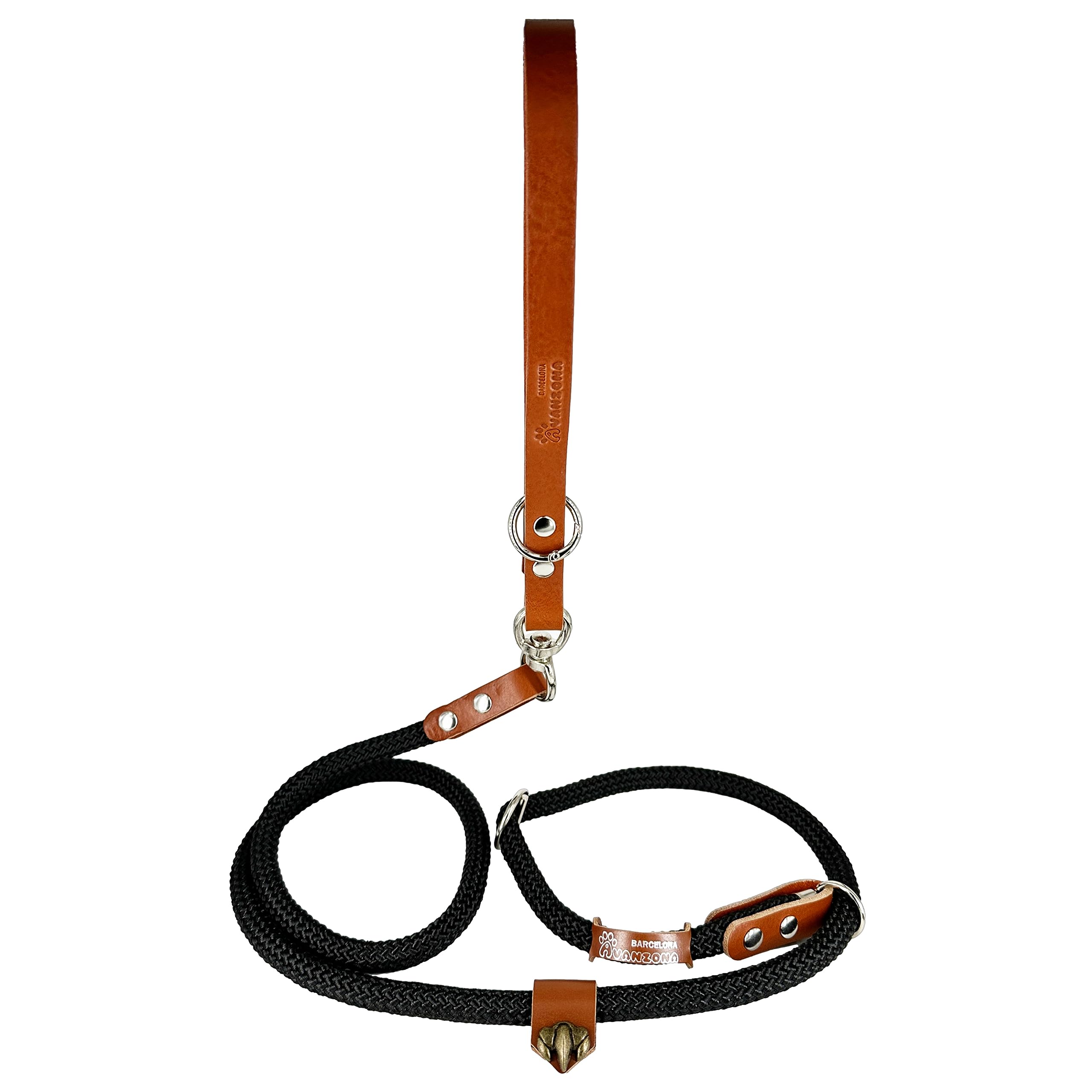 Correa Antitirones Perros. Correa con Collar Adiestramiento para Perro Grande Pequeño Mediano. Nylon y Cuero. 160cm. Negro&Coñac