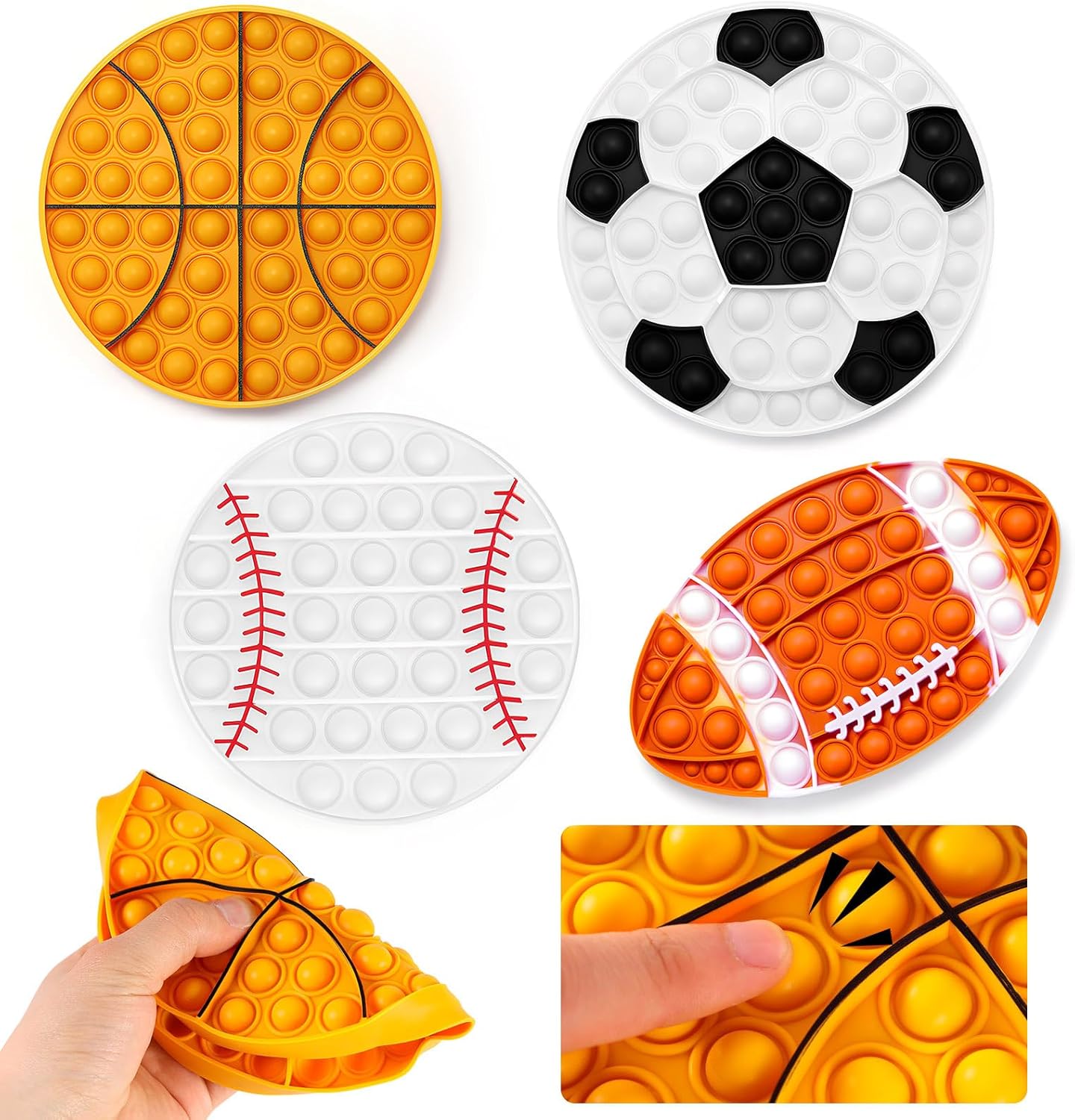 4 PCS Sports Fidgets, Sports Push Bubble Fidget, Stress Anxiety Relief Relax Objects, Silicone Squeeze Set for Adults School Party Favors (Baseball, Football, Soccer, Basketball)