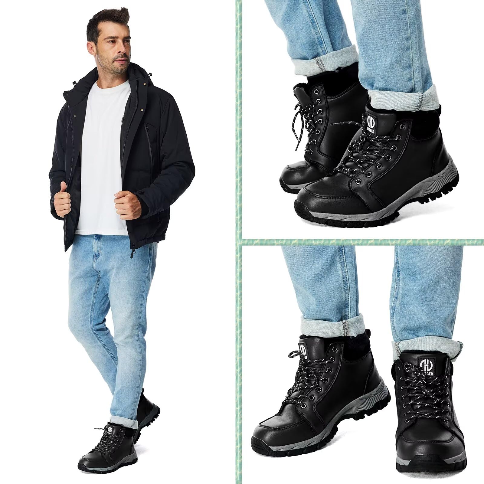 Botas Hombre Invierno Forro Cálido Impermeable Botines de Nieve de Cuero Trekking Zapatos de Senderismo