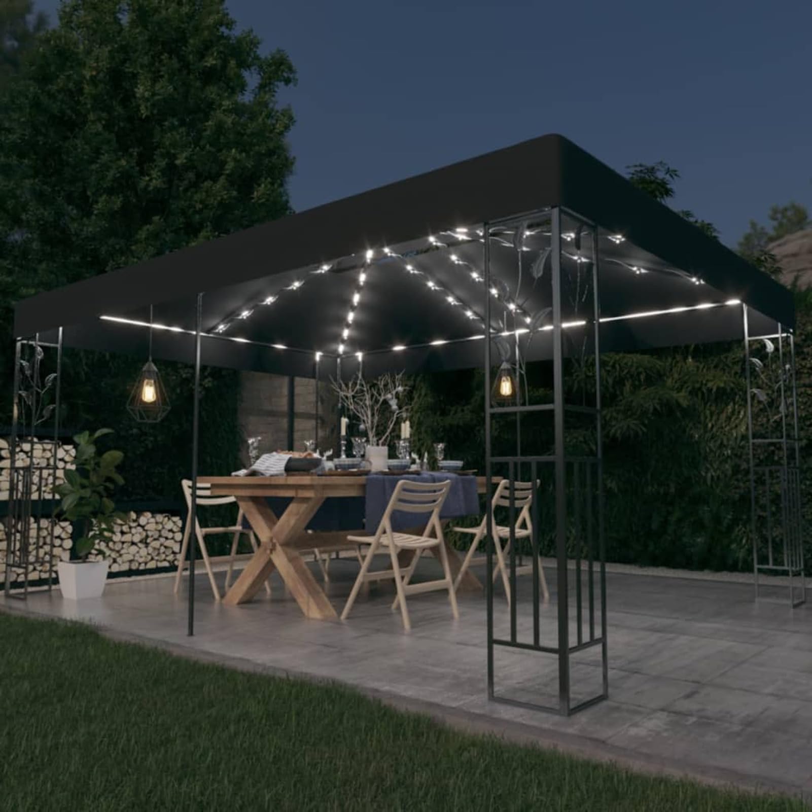 ARKEM Gazebo con Tetto Doppio e Luci LED 3x4 m Antracite,Gazebo Pergola Con Telo Impermeabile Richiudibile E Struttura Rettangolare In Acciaio Inossidabile Ad Alta Densità, Per Arredo Giardino, Terraz