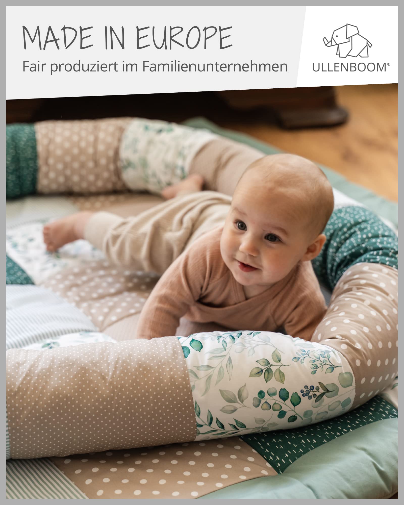ULLENBOOM ® Baby Kuschelschlange 200x13 cm Sandblume (Made in EU) - Kuschelschnecke in vielen Farben und Größen, Bezug: 100% Oeko TEX Baumwolle, Kopfschutz für Wickeltisch
