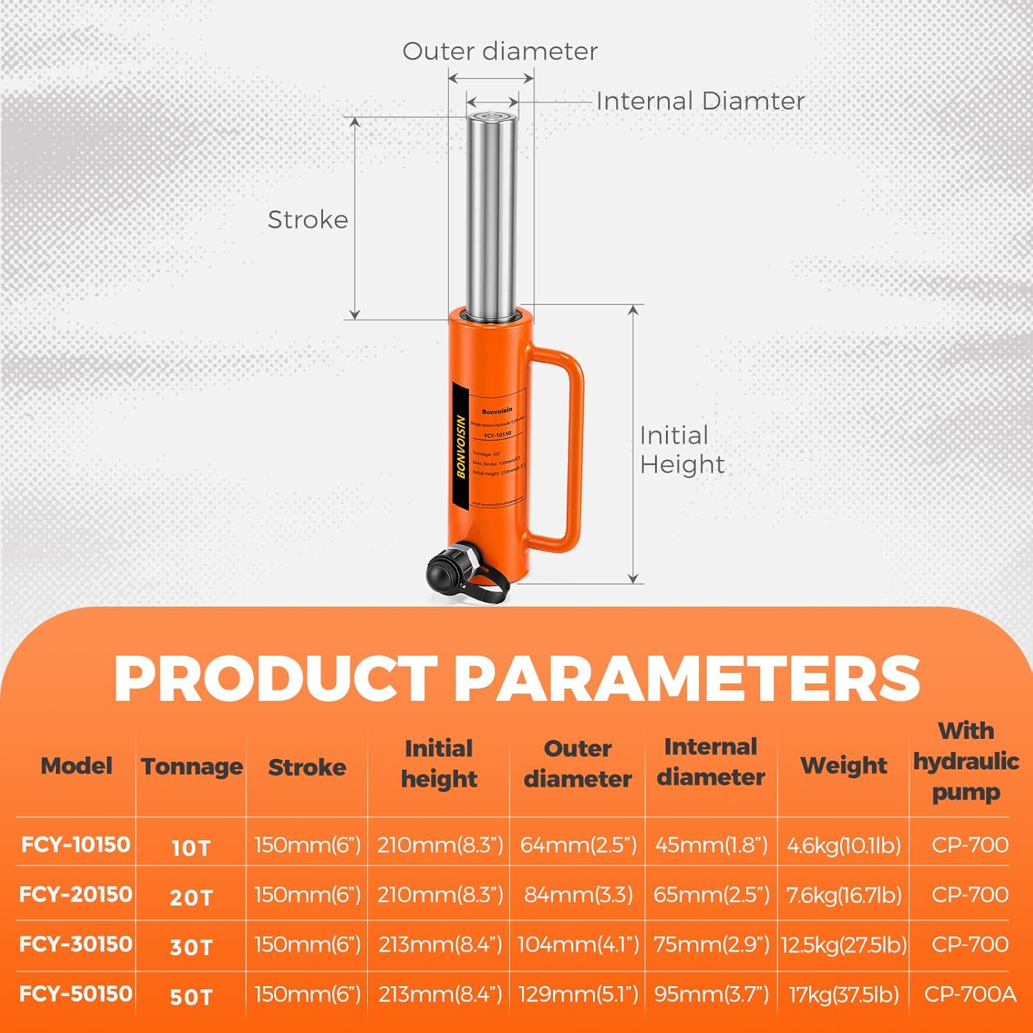 Bonvoisin Hydraulic Ram Cylinder 10T Hydraulic Jack Porta Power 6" Stroke Long Ram Single Acting Lifting Cylinders for Machinery Shipbuilding