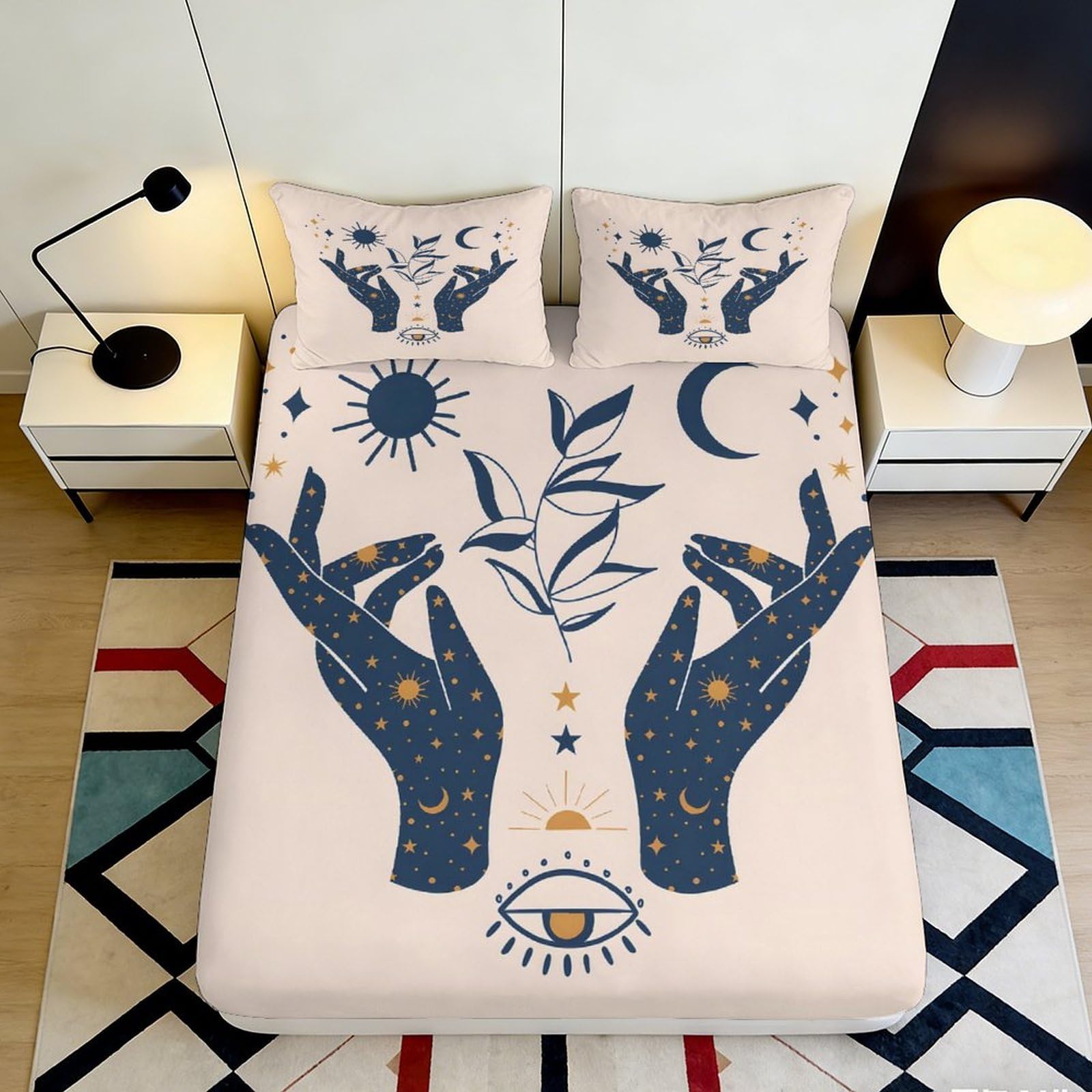 3D Printed Mystic Hands Fitted Sheet Microfiber Soft Breathable Celestial Symbols Mattress Cover for Bedroom Dormitory Guest Room Protection Decor 180x200x25cm