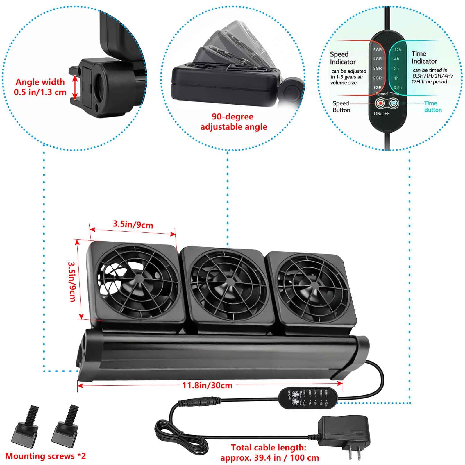 Refroidisseur d'aquarium à 3 ventilateurs avec contrôleur de vitesse réglable 5 réglages de minuterie, ventilateur de refroidissement d'aquarium, ventilateur de refroidissement d'aquarium