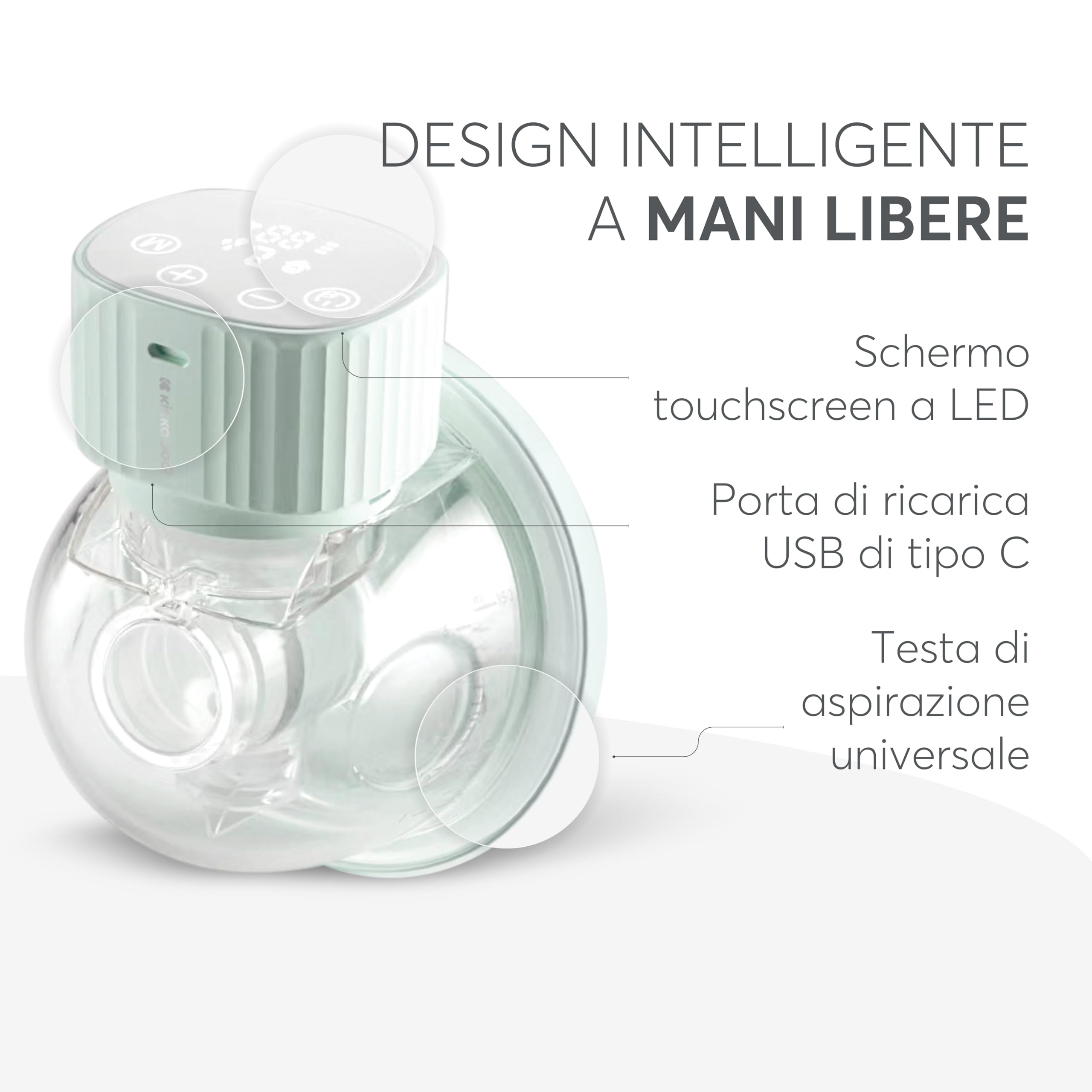 KikkaBoo Tiralatte Elettrico Indossabile Portatile NOA, Mani Libere, 3 Modalità e 9 Livelli, Schermo LED, Funzione Memoria, Facile da Pulire, Menta