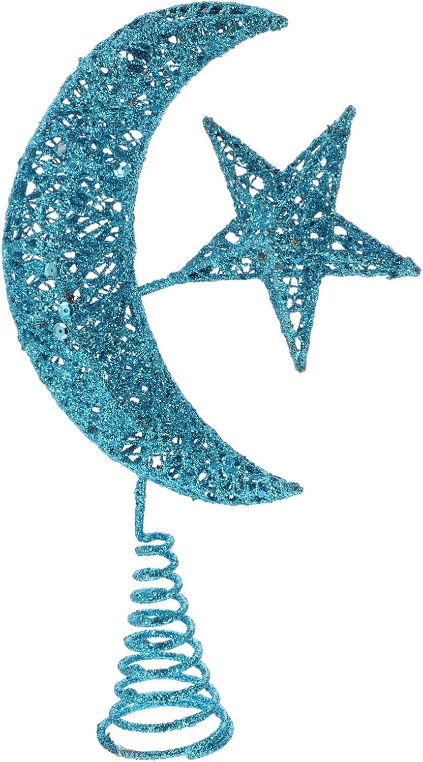 3D Metal Blue Star and Moon Xmas Topper Iron Art Holiday Festival Decoration for Christmas Tree