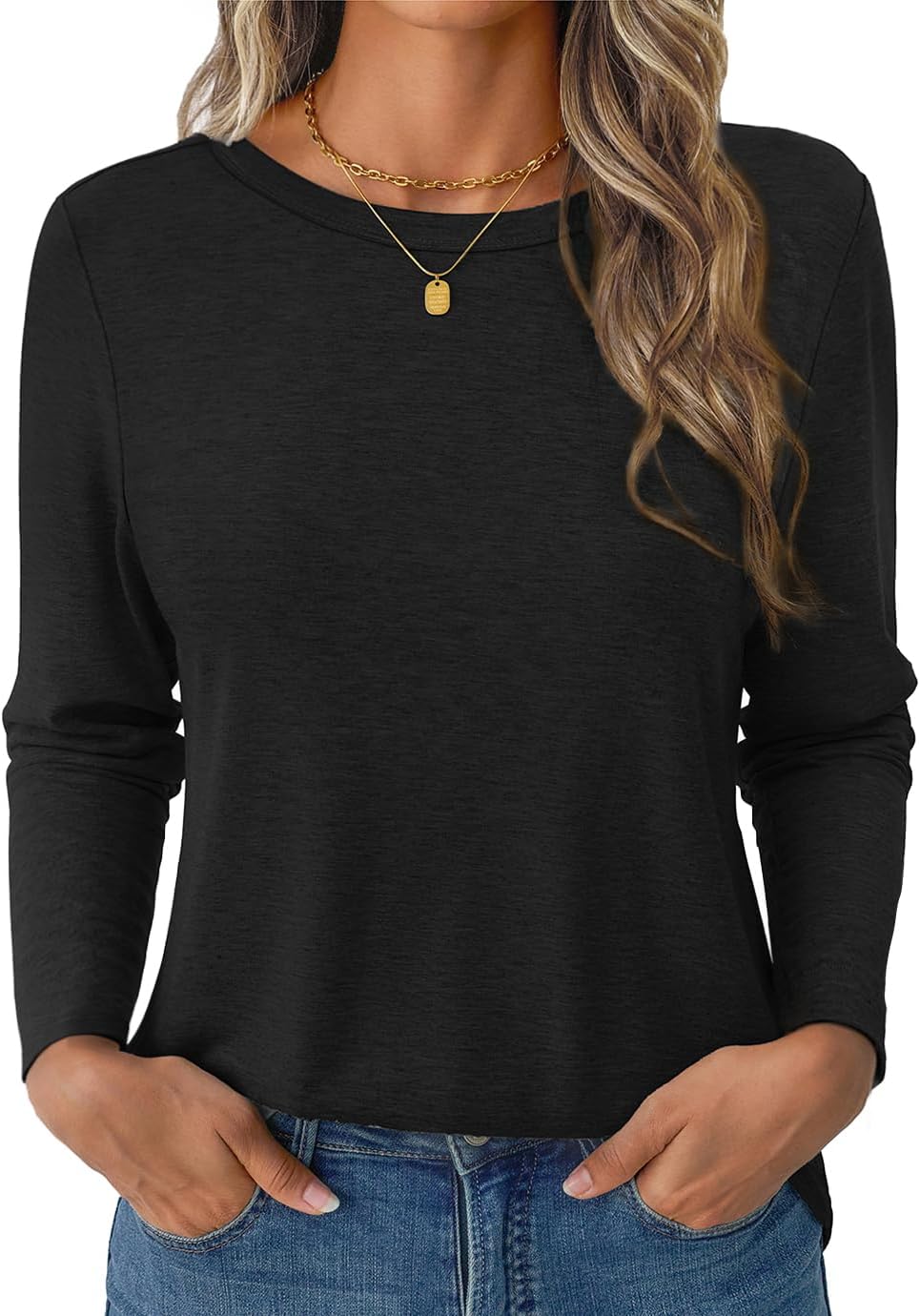 GKBK Women's Long Sleeve Shirts Casual Crewneck Tops Fall Fashion Soft Basic Tee for Work Business Black