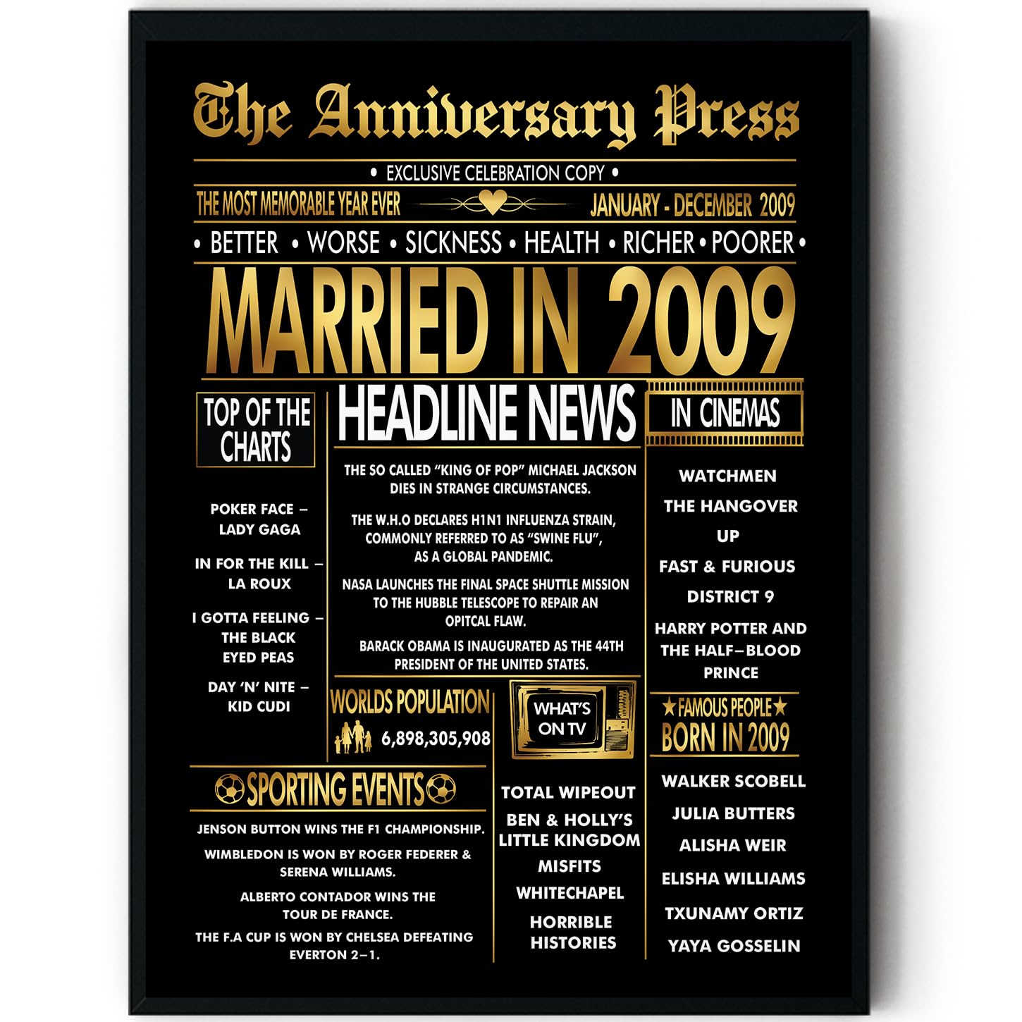 Stuff4 Men's 2009 Gold 17Th Anniversary Poster Framed - Golden Married In Newspaper - 17 Anniversary For Wo Retro Vintage Gifts Back In 8X10 Inch Bday Party Decor Decoration