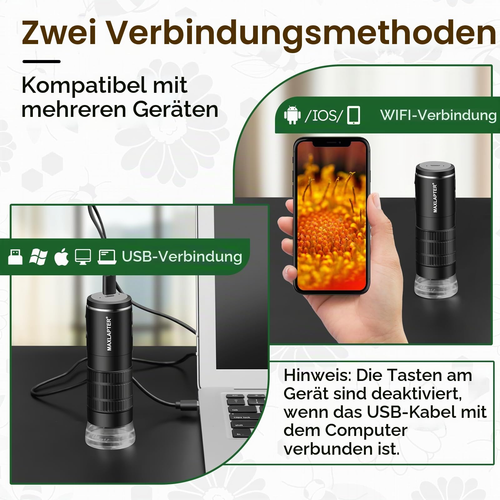 MAXLAPTER WiFi Digital Mikroskop 50X-1000X für Erwachsene und Kinder | Handmikroskop Handy USB und WiFi Verbindung 8 LED Leuchten 1920P Foto Video Akku für iPhone Android iPad Tablet Windows Mac