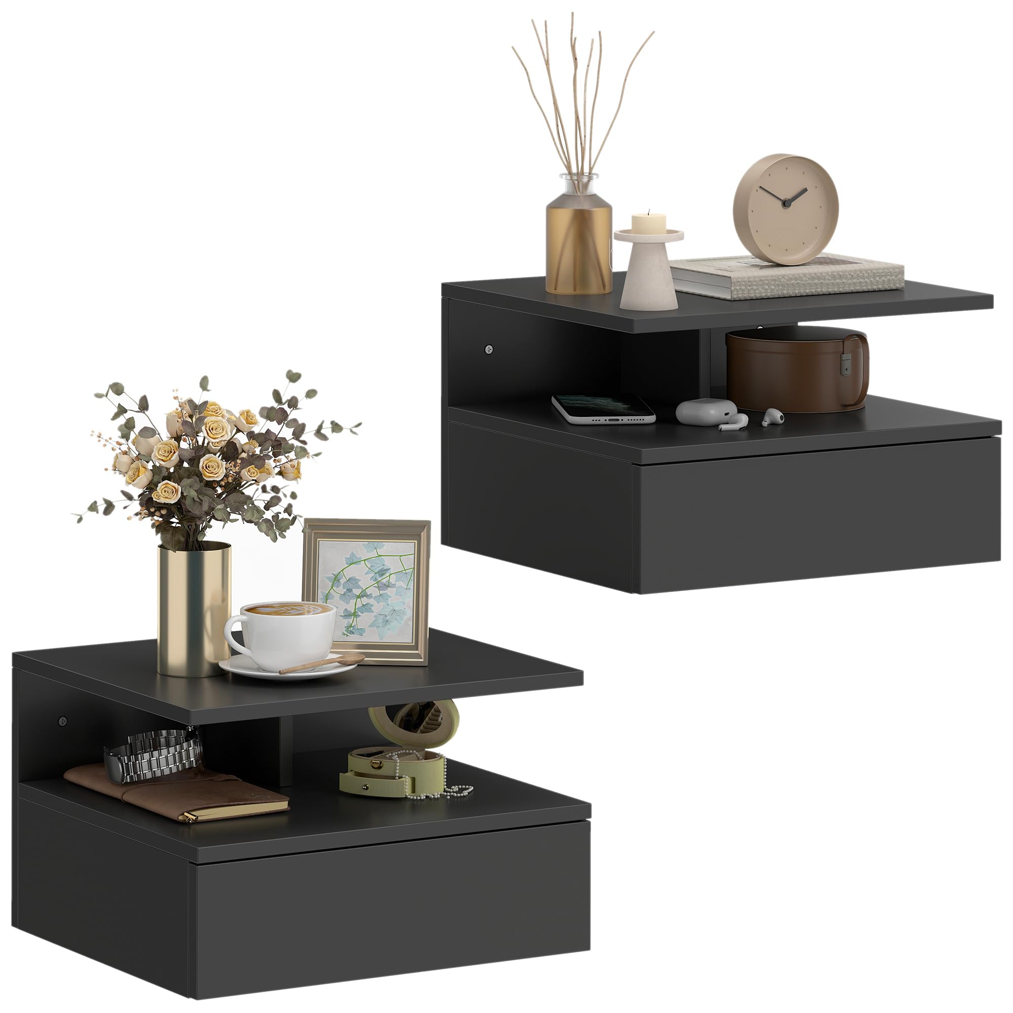 HOMCOM Lot de 2 Tables de Chevet murales, Tables de Nuit suspendues avec tiroir Coulissant, Compartiment Ouvert, Plateau, Style Moderne, pour Chambre à Coucher, 35 x 32 x 22,5 cm, Noir