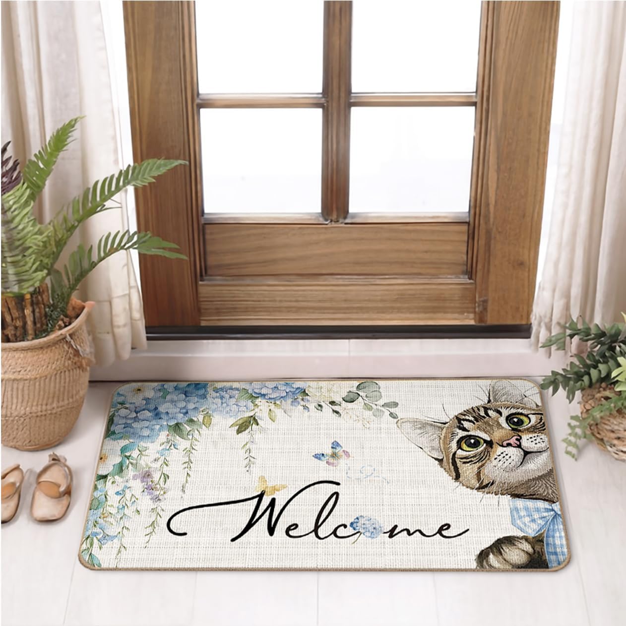 Cat Welcome Mat, Blue Rustic Hydrangea Floral Tabby Cat Door Mat for Front Door Indoor Outdoor Entrance Porch, Cute Kitten Doormat Bath Mats, 17x30 Inches