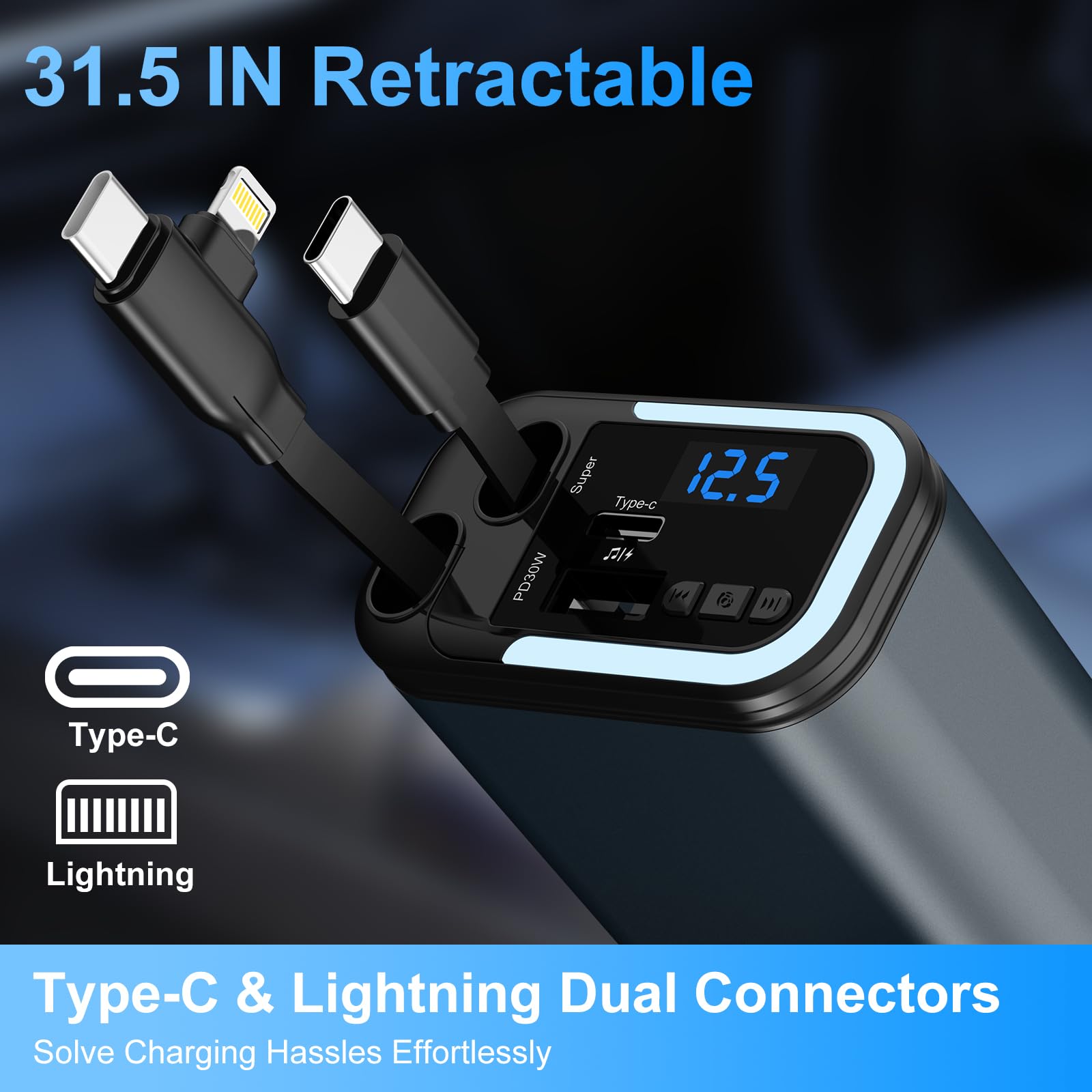 5-in-1 120W 30-Minutes Fast Flash Charging Retractable Car Charger, Wireless Bluetooth FM Transmitter, Type-C+USB-A Car Charger Adapter, Compatible with iPhone 17/16/15/14/13 Pro Max & Android Devices — view 3