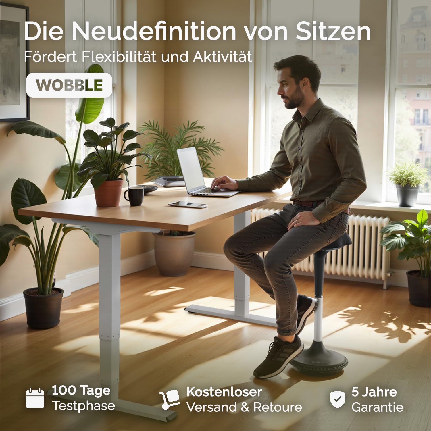 Wobble Ergonomischer Sitz- & Stehhocker [ORIGINAL] – Höhenverstellbarer Bürohocker & Stehhilfe mit Wipp- & Wackelfunktion, Arbeitshocker zur Vorbeugung von Rücken- und Nackenschmerzen
