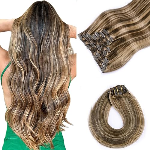 VINBAO Extensiones de cabello humano con clip, extensiones de cabello humano real, color rubio caramelo con marrón oscuro, extensiones de cabello