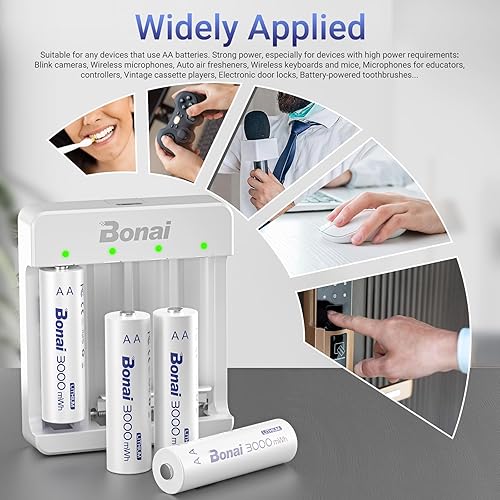 Miniatura 3 de BONAI Baterías recargables AA de litio con cargador, baterías AA de 1.5 V para cámara Blink 4 unidades con carga rápida de 1.5 horas, color blanco