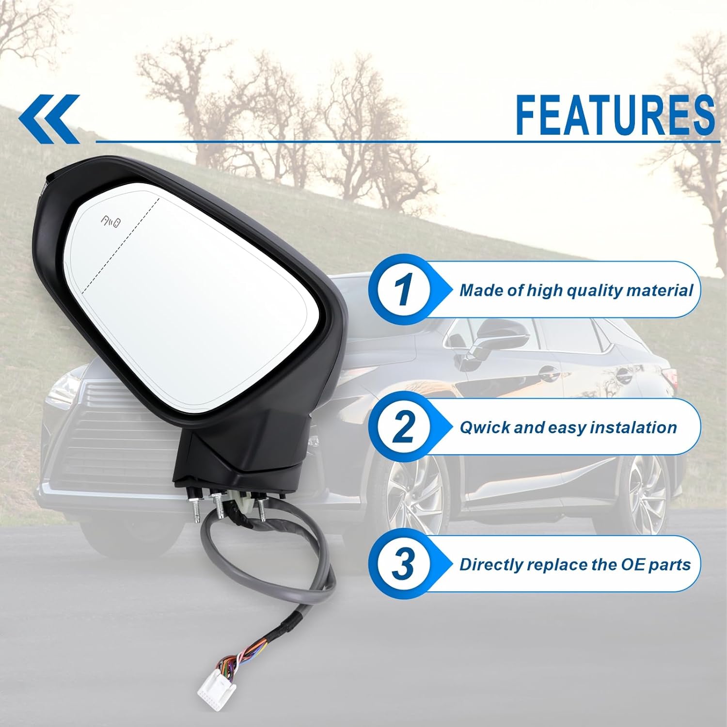Left Driver Side Mirror Compatible With 2016-2022 Lexus RX350 RX450h 2018-2022 RX350L RX450hL With Power Folding Heated Blind Spot Turn Signal Mirror Memory Black Replace#87940-0E251(15Pins)