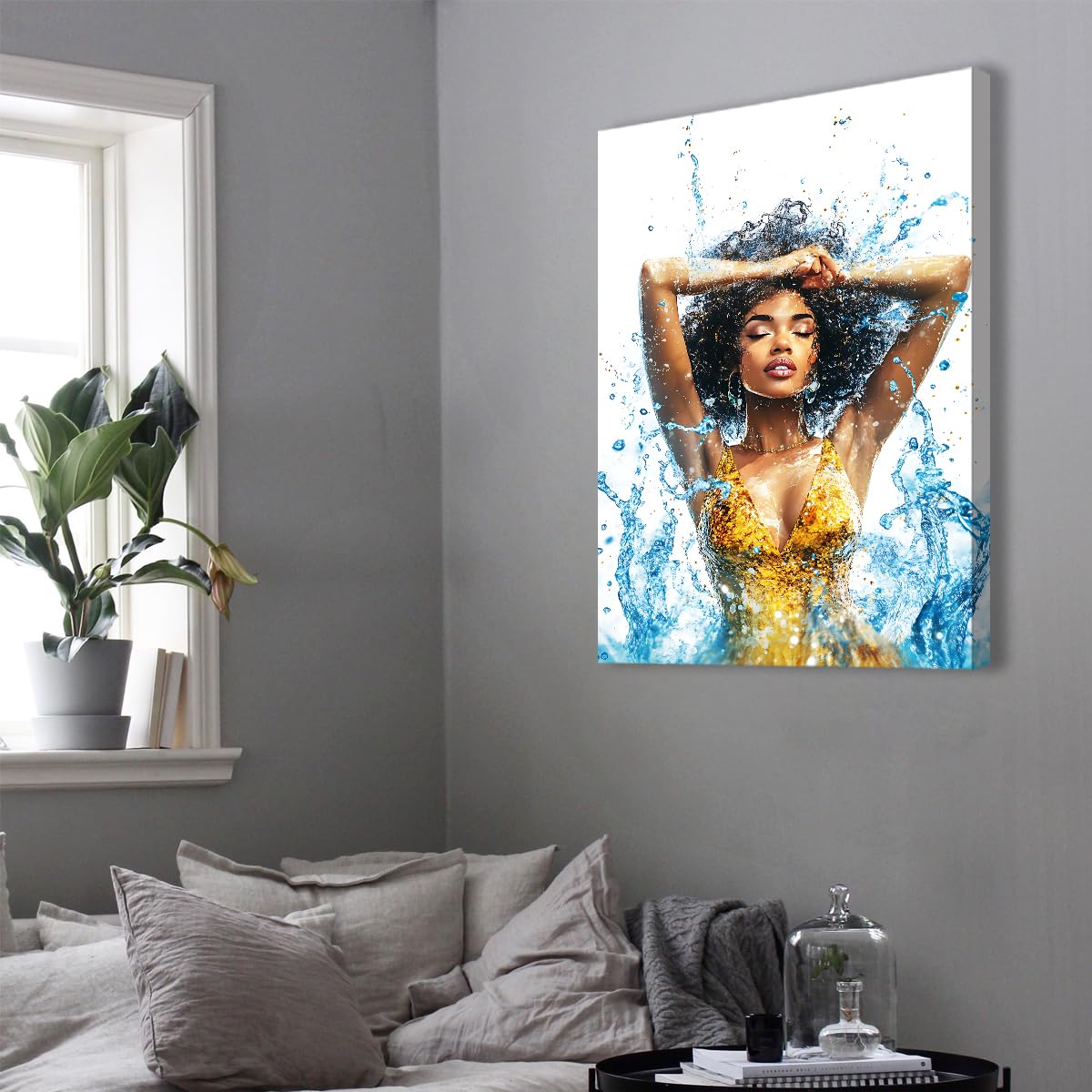 CHERHERART Belle femme noire toile Art mural Affiches modernes éclaboussant Imprimés Décoration murale Photos Œuvres d’art pour salon Chambre 70x110cm Sans cadre