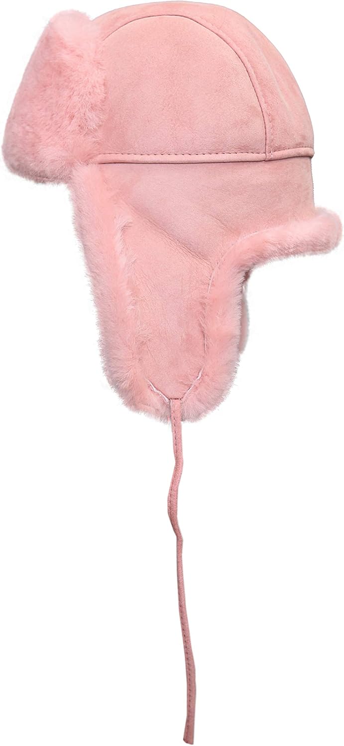Unisex Shearling Sheepskin Leather Aviator Russian Ushanka Trapper Winter Fur Hat (Pink, Medium)
