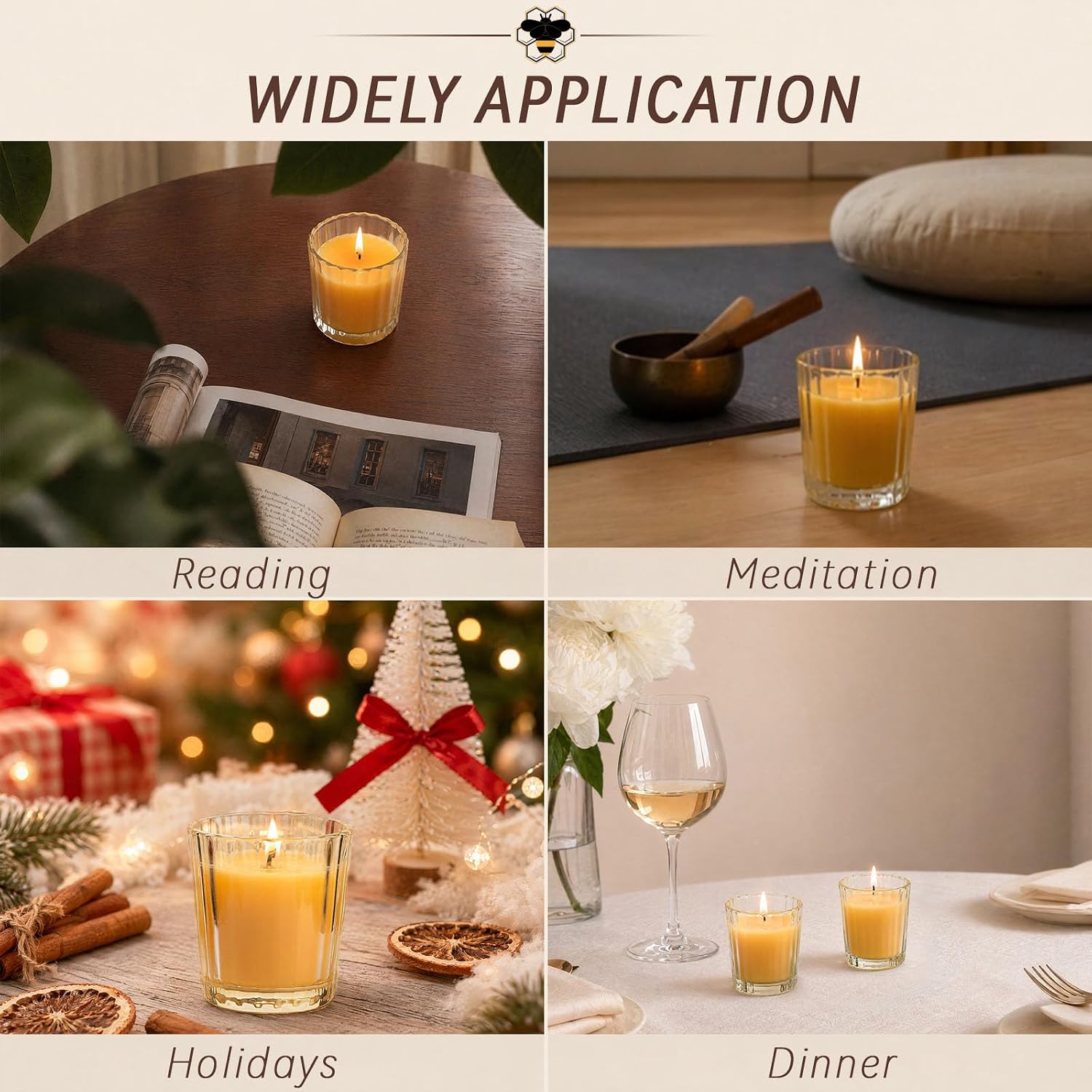 Natural Beeswax Tealight Candles, Pack of 6 Clear Glass Cups, 2.1oz 60g,