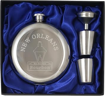 New Orleans 10 oz Flask Gift Set with Rue Bourbon Engraving - Stainless Steel Shot Glasses & Funnel - Perfect Mardi Gras Souvenir & Celebration Companion