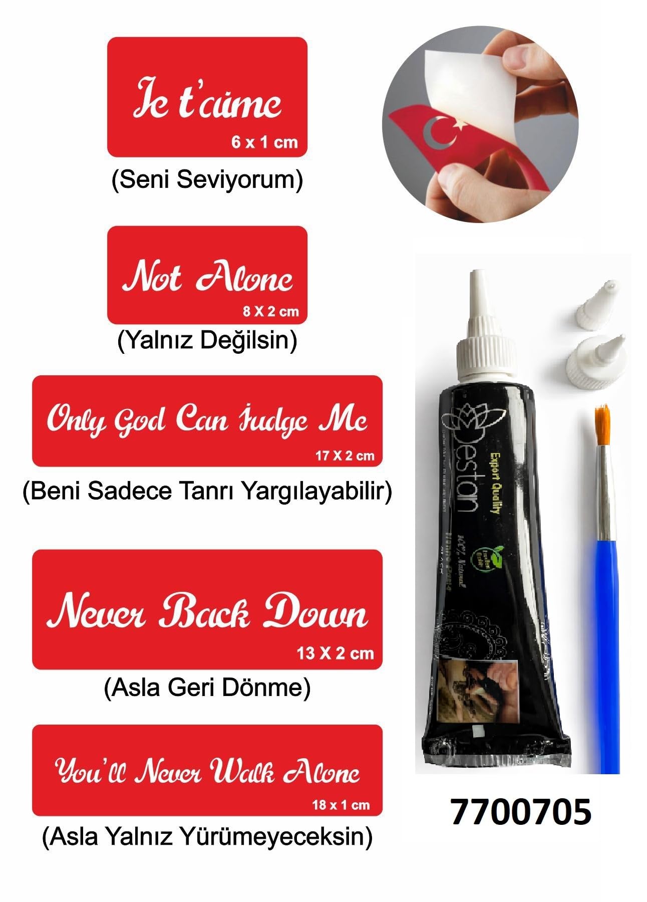 İngilizce Sözler 1 Tüp Siyah Kına 5 Adet Kalıp Fırça Hediyeli Geçici Dövme Seti