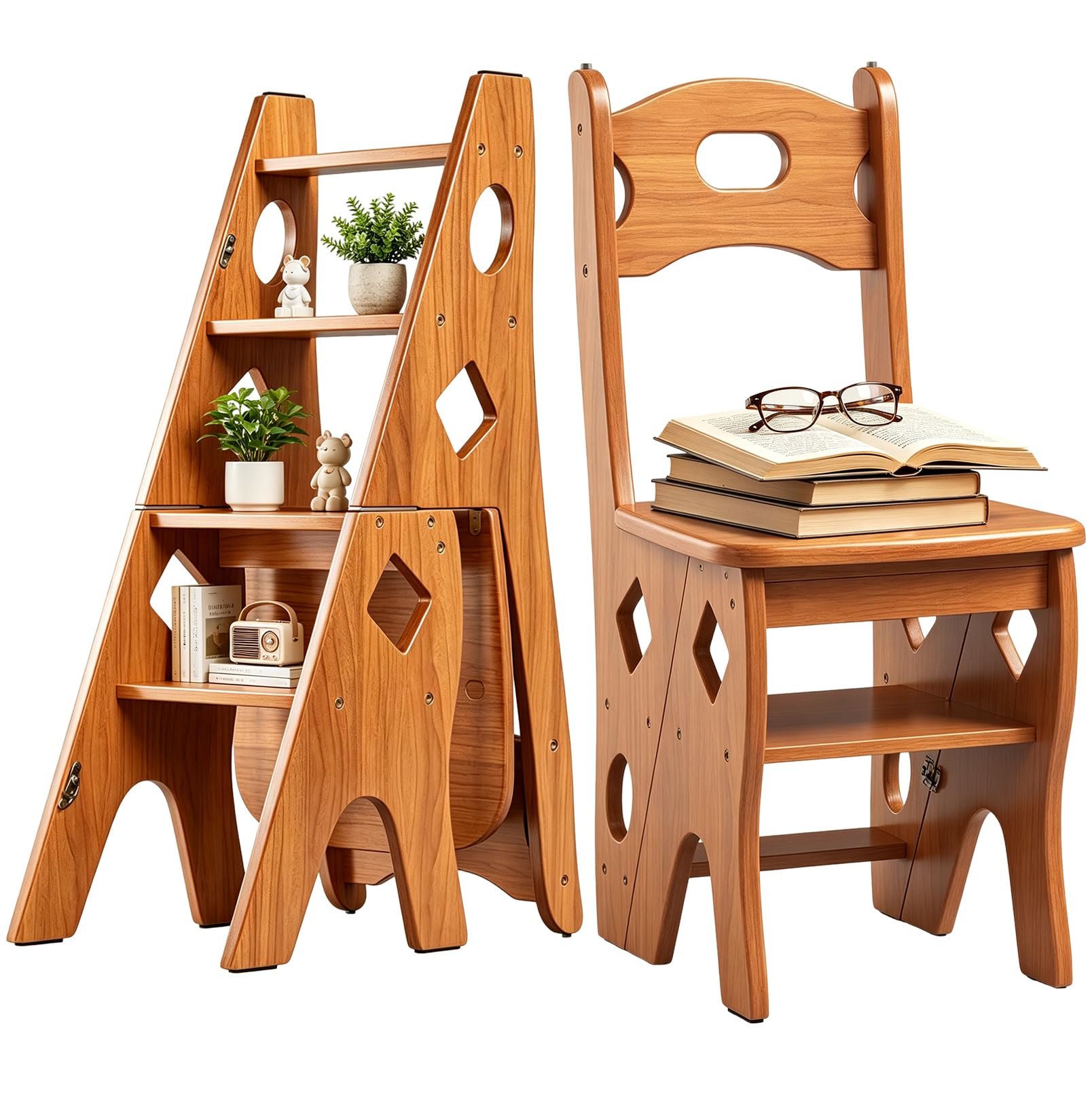 4 Marches Escabeau, 2-en-1 Marchepied et Chaise, Marchepied Domestique | Chaise de Bibliothèque Pliante en Bois Massif (Charge Maximale 180 kg), Escabeau pour Cuisine, Maison et Bibliothèque
