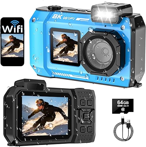 Cámara subacuática UHD 8K, 70MP 33FT WiFi Cámara digital impermeable con tarjeta de 64 GB, enfoque automático, impermeable, doble pantalla, selfie,